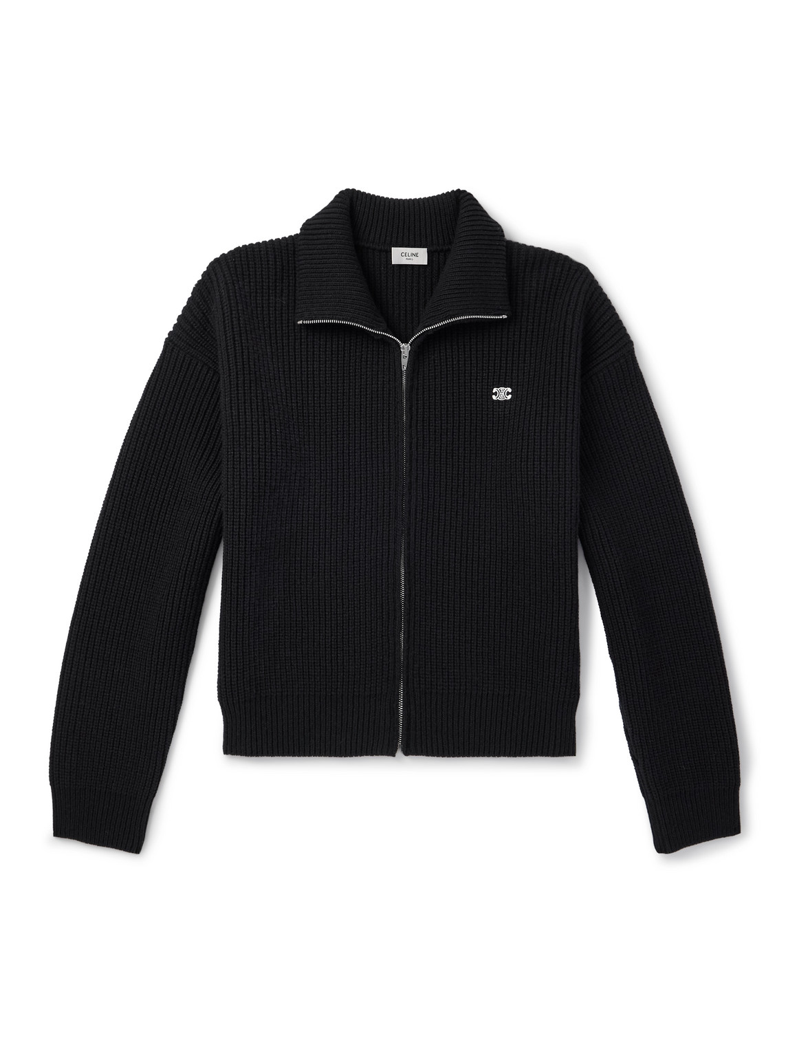 Celine Logo-embroidered Ribbed Wool Zip-up Cardigan In Black