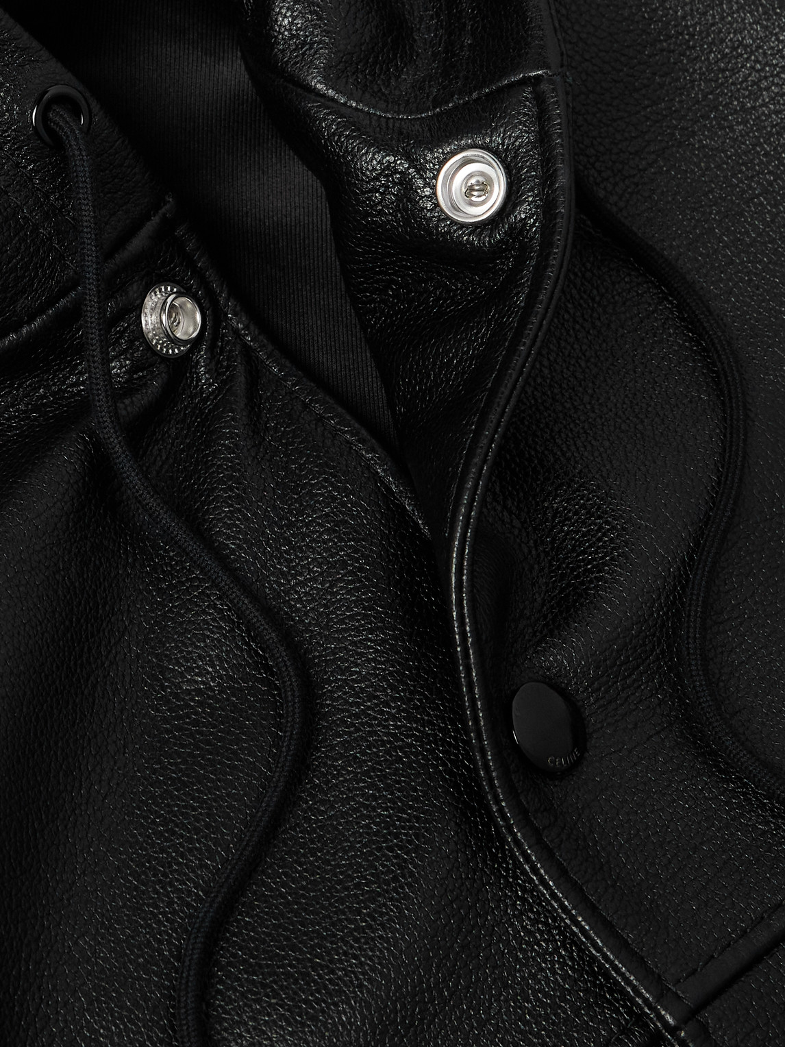 Celine Logo-embossed Full-grain Leather Hooded Bomber Jacket In Black