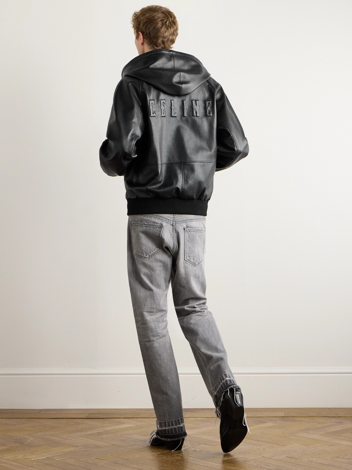 Celine Logo-embossed Full-grain Leather Hooded Bomber Jacket In Black