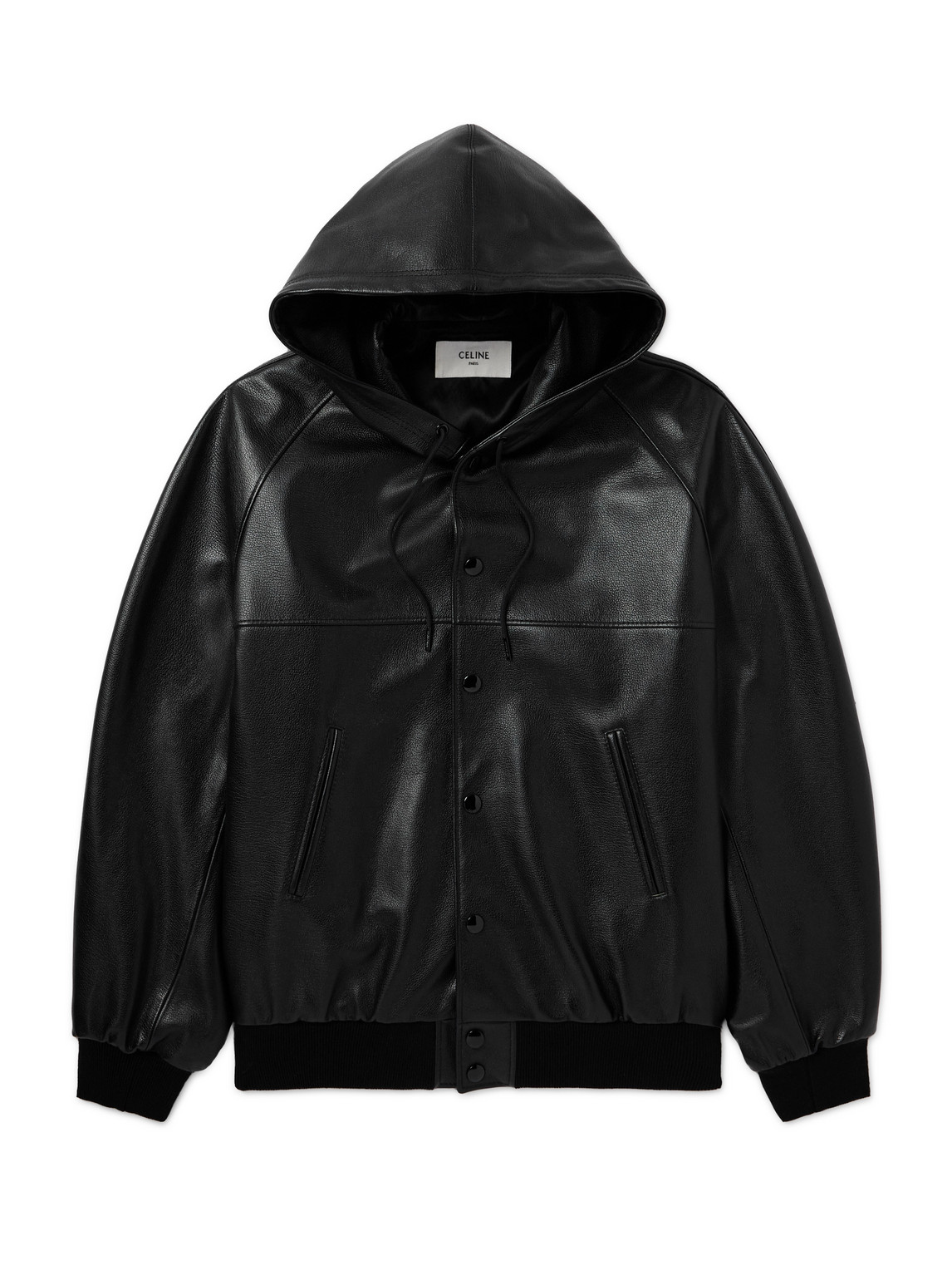 Celine Logo-embossed Full-grain Leather Hooded Bomber Jacket In Black