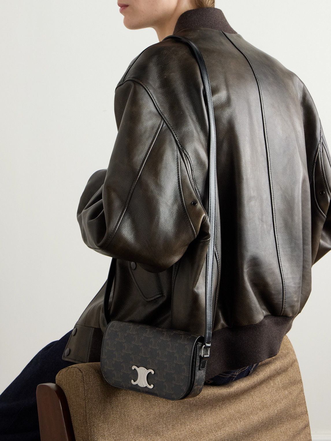 Celine Triomphe Leather-trimmed Logo-print Coated-canvas Messenger Bag In Black