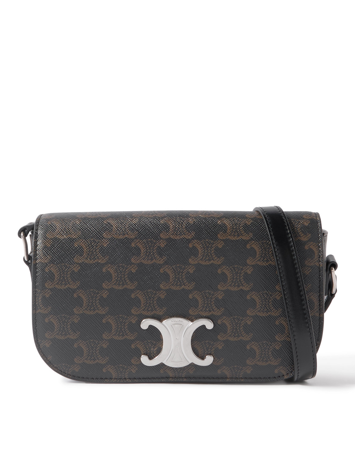 Celine Triomphe Leather-trimmed Logo-print Coated-canvas Messenger Bag In Black