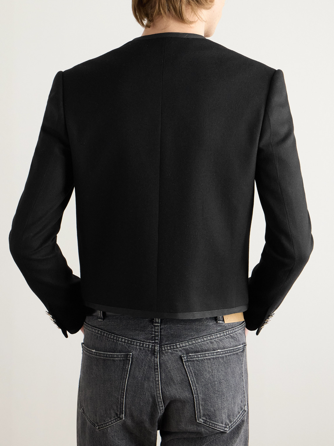 Celine Slim-fit Cropped Webbing-trimmed Cashmere-felt Jacket In Black