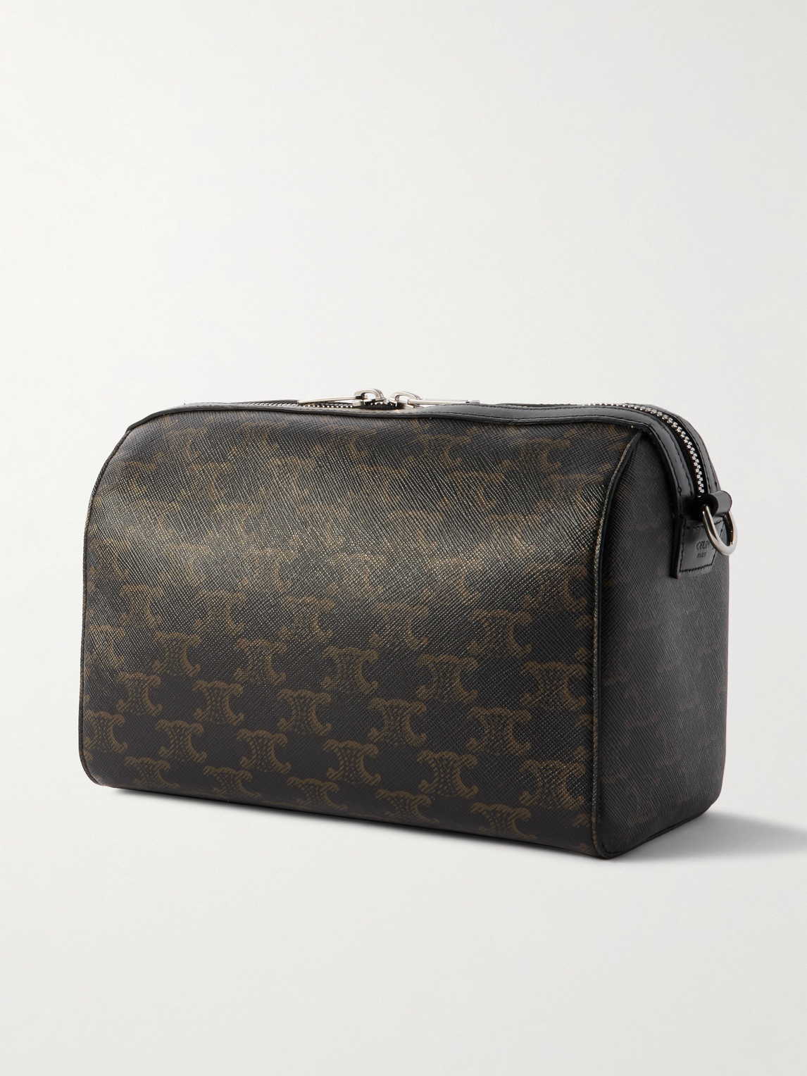 Celine Boston Mini Leather-trimmed Monogrammed Coated-canvas Messenger Bag In Black