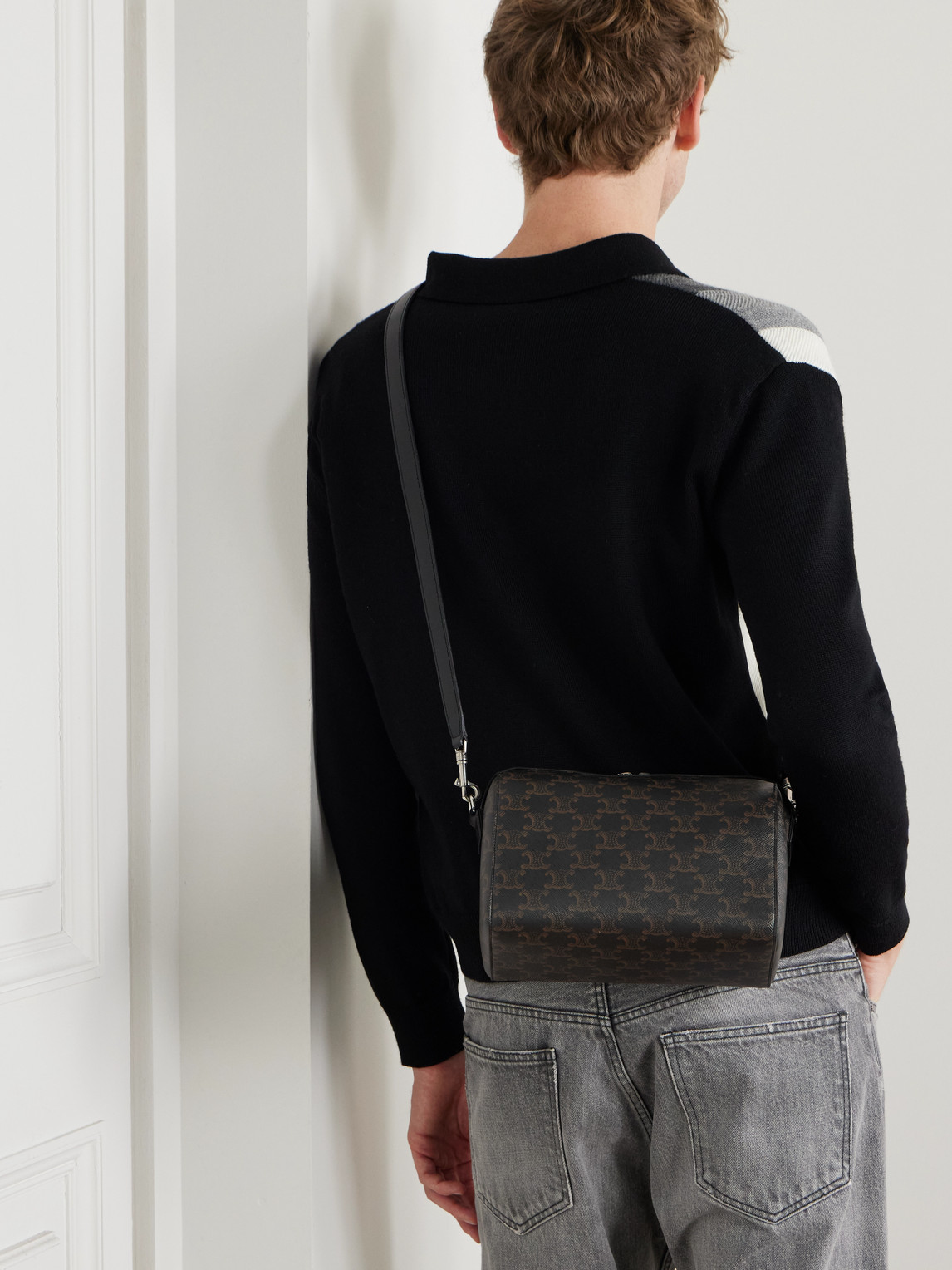 Celine Boston Mini Leather-trimmed Monogrammed Coated-canvas Messenger Bag In Black