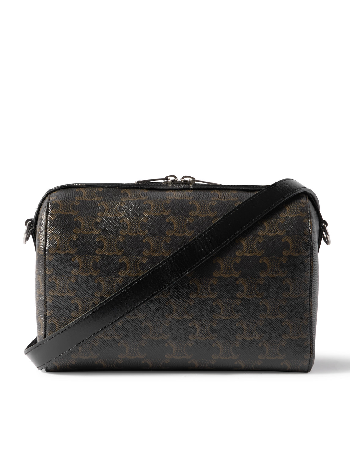 Celine Boston Mini Leather-trimmed Monogrammed Coated-canvas Messenger Bag In Black