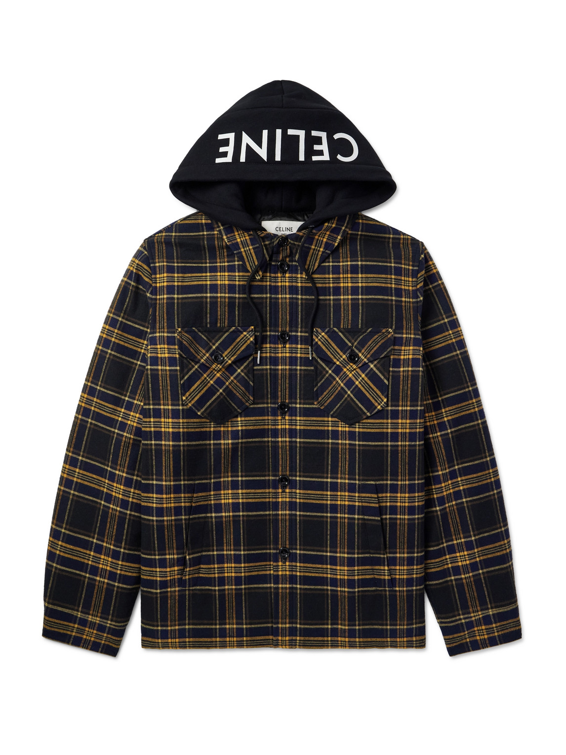 Celine Logo-print Jersey And Checked Cotton-flannel Hooded Overshirt In Black