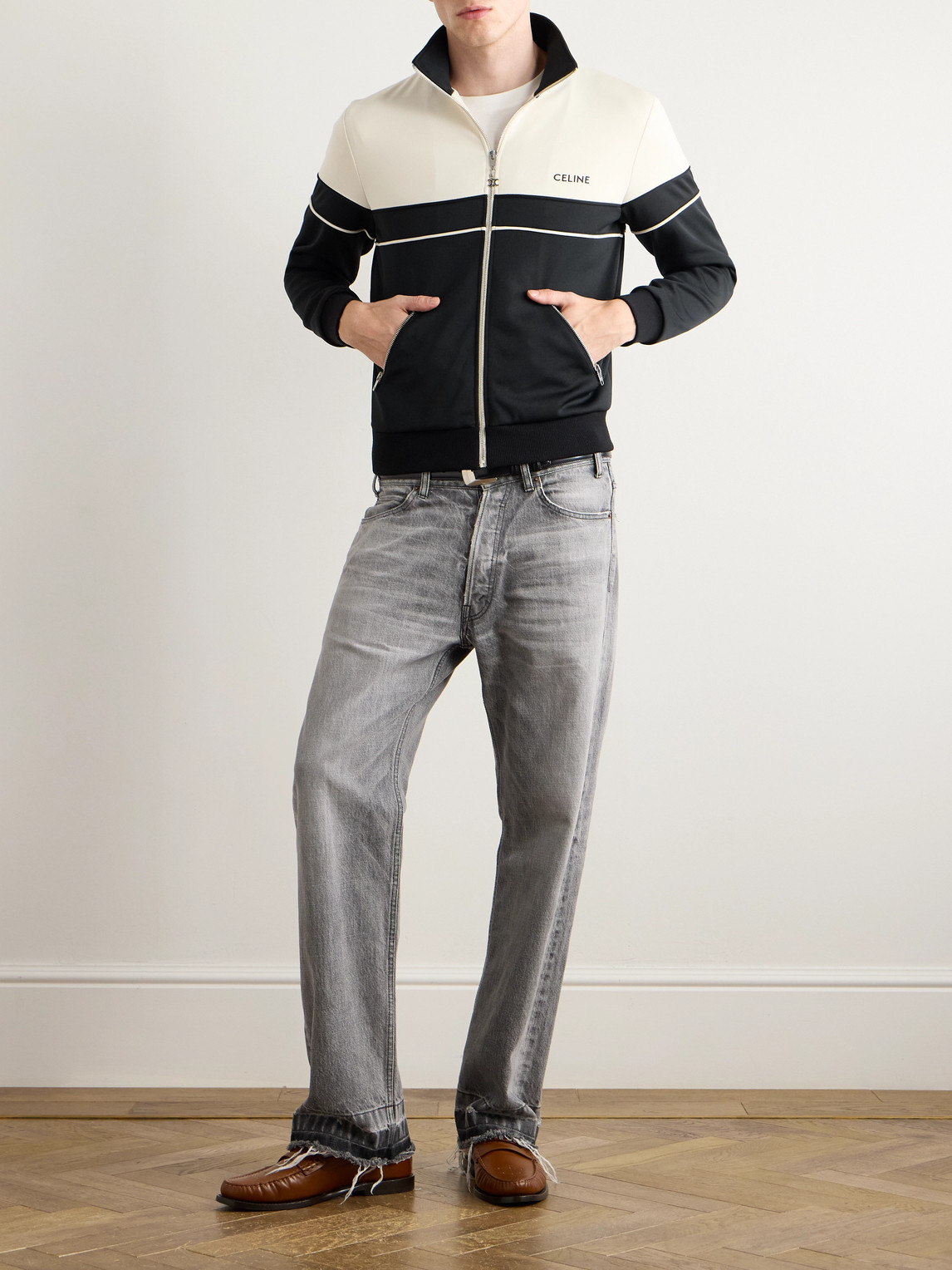 Celine Logo-embroidered Colour-block Jersey Track Jacket In Animal Print