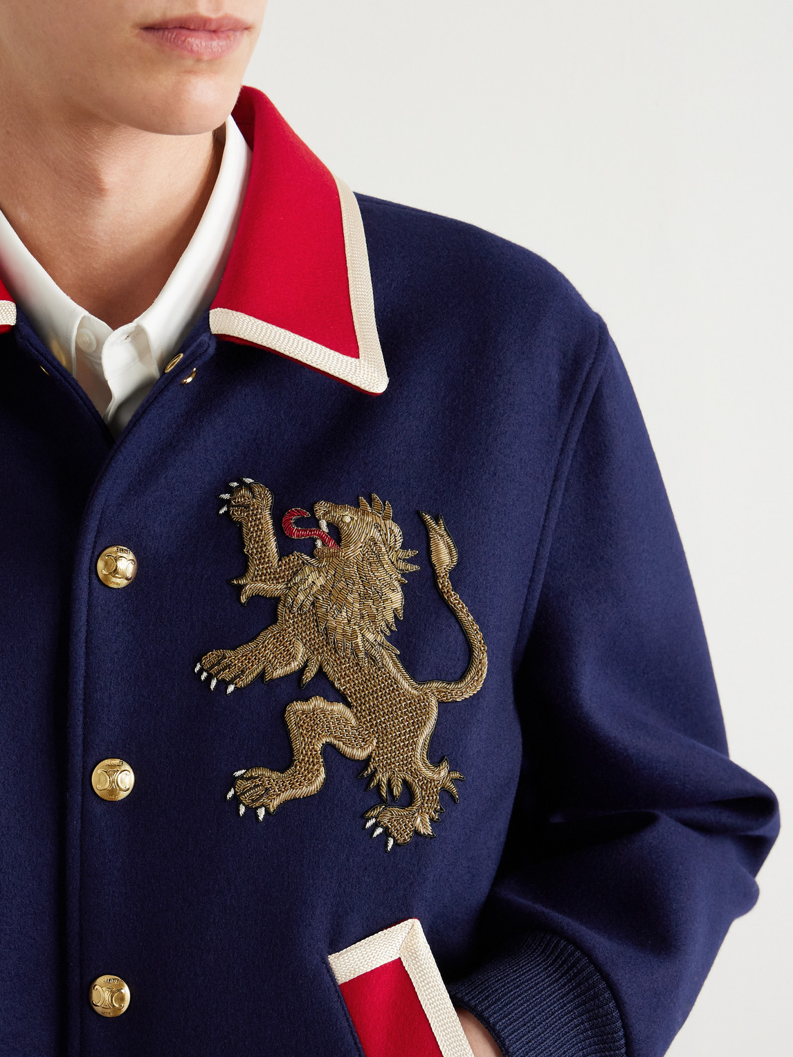 Celine Teddy Embellished Wool-flannel Bomber Jacket In Blue