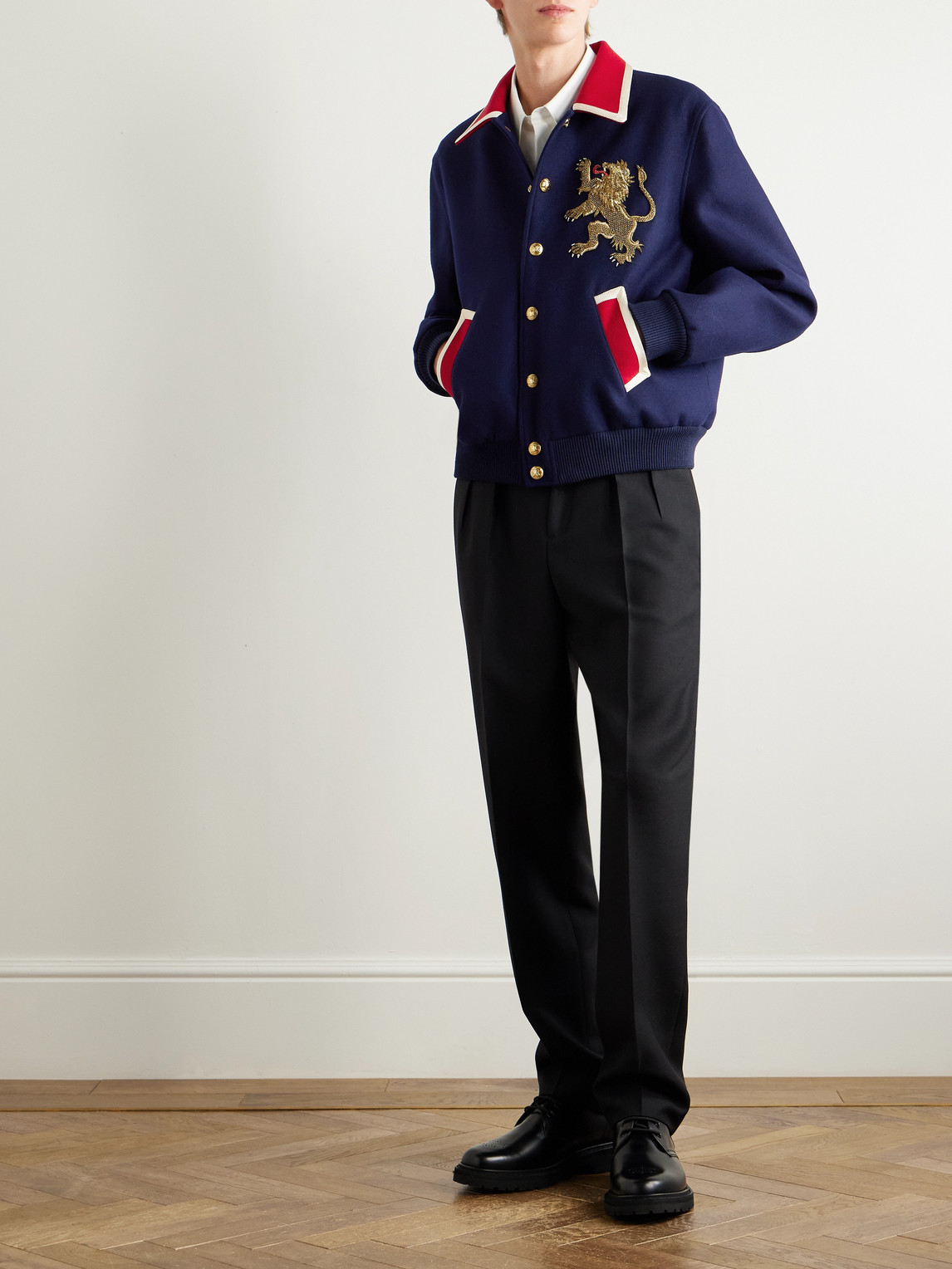 Celine Teddy Embellished Wool-flannel Bomber Jacket In Blue