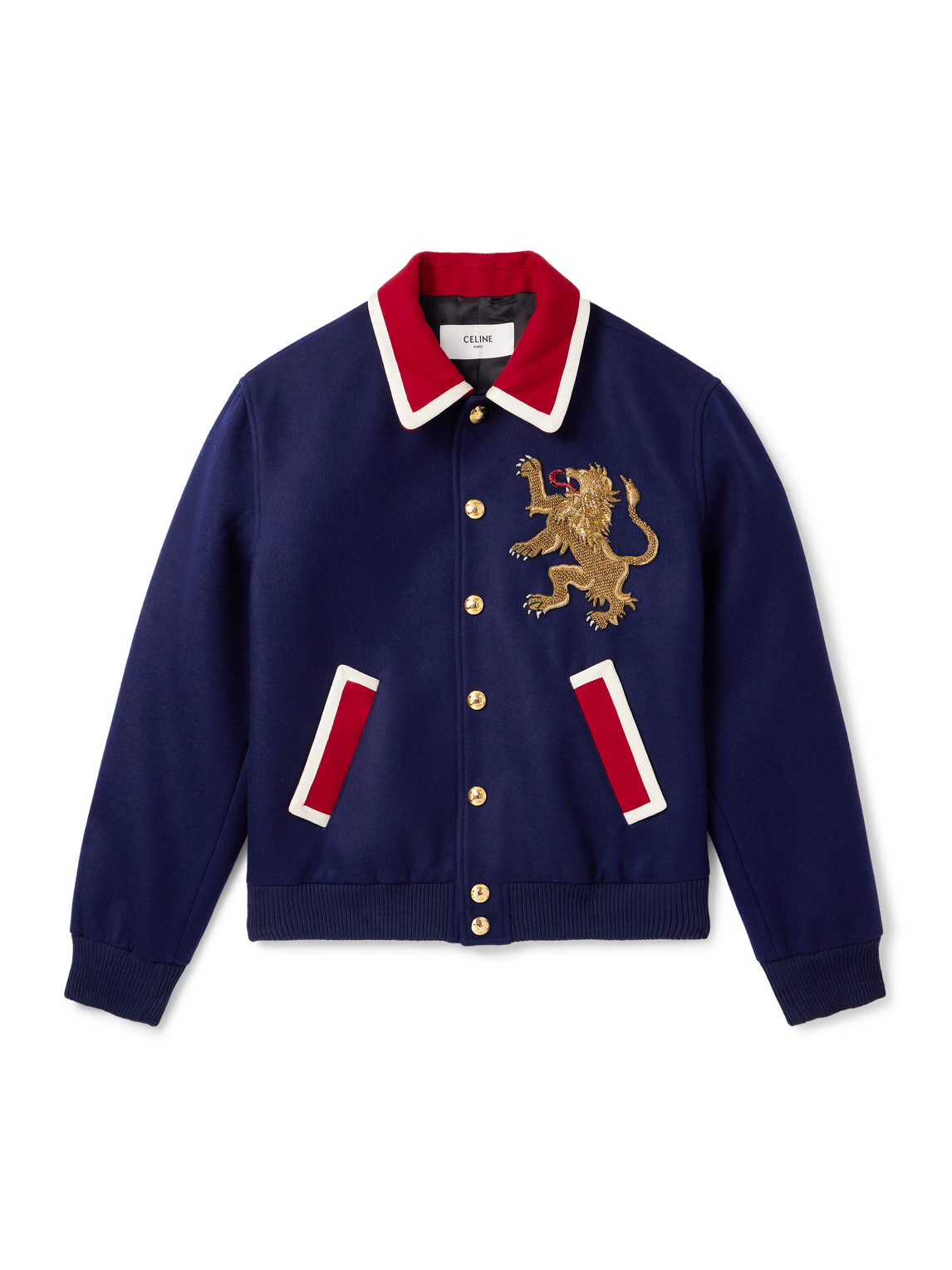 Celine Teddy Embellished Wool-flannel Bomber Jacket In Blue