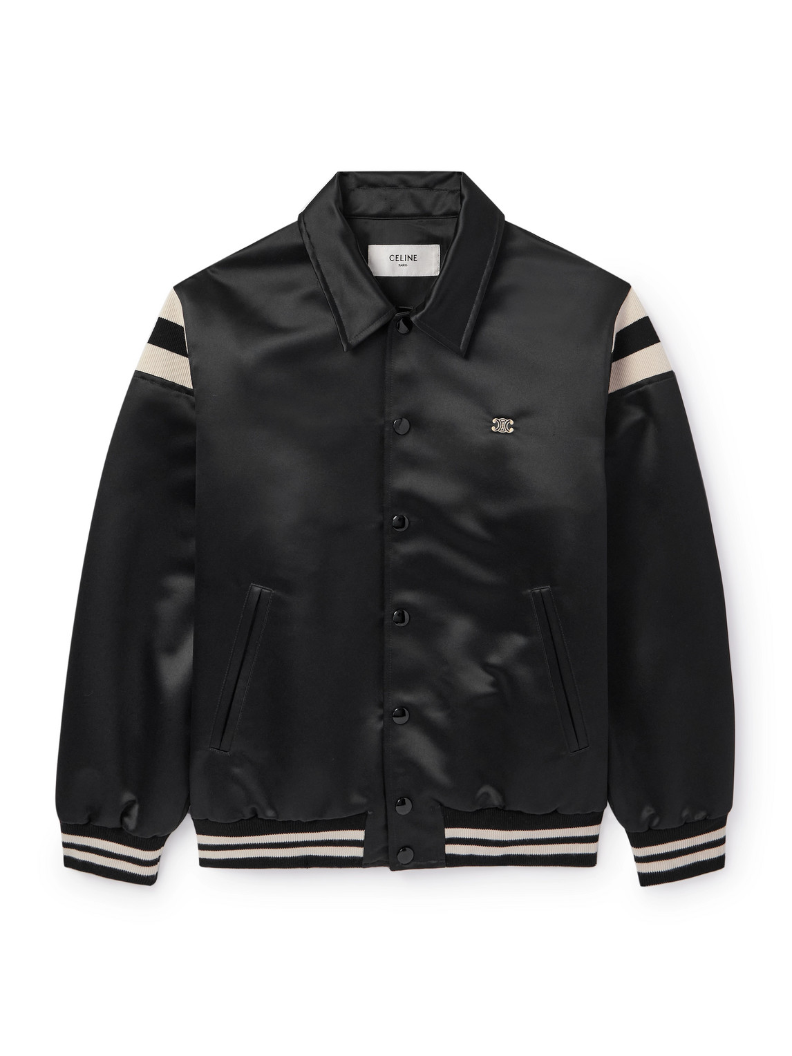 Celine Teddy Logo-embroidered Satin Varsity Jacket In Black