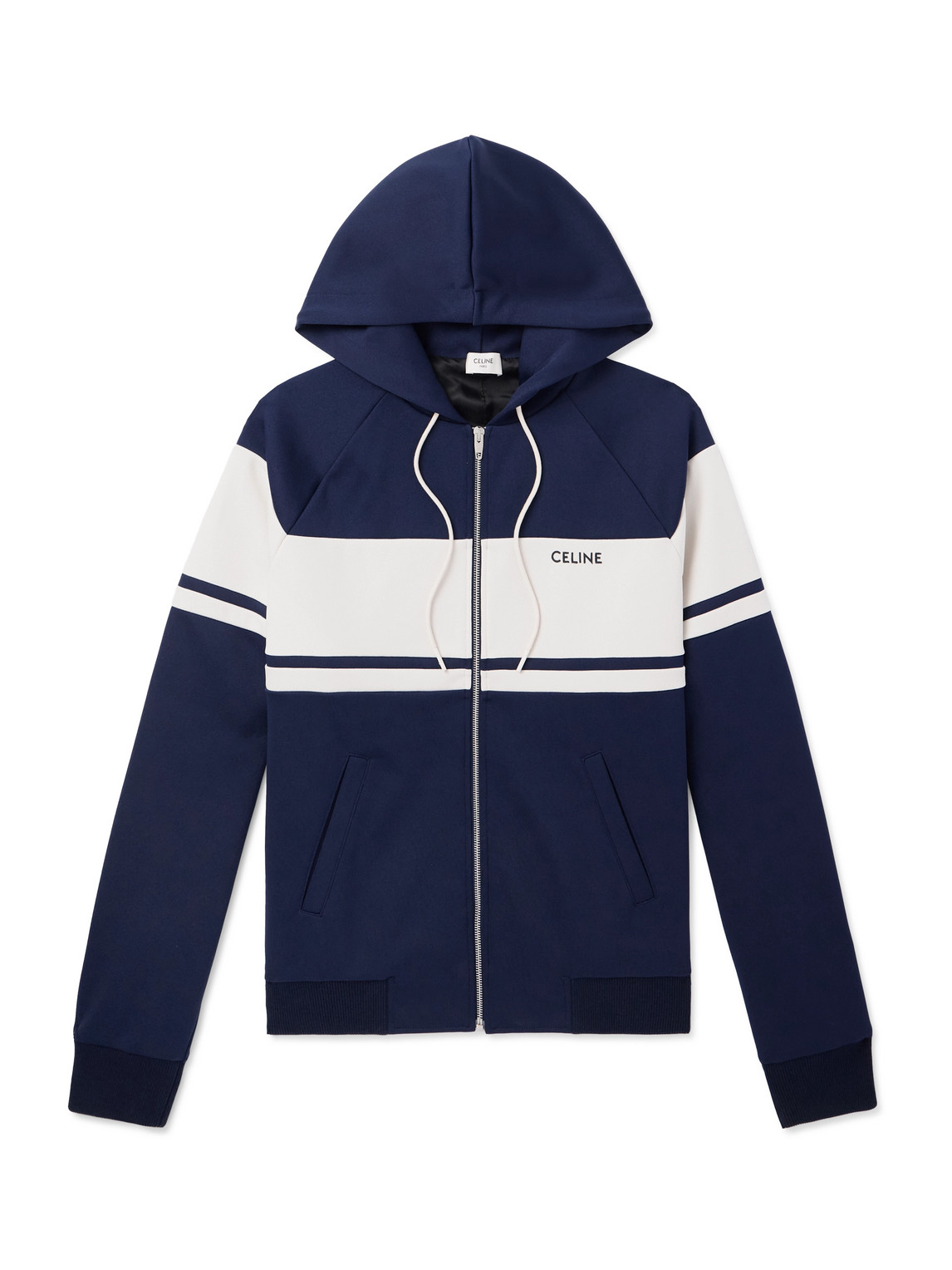 Celine Logo-embroidered Striped Jersey Hooded Track Jacket In Blue