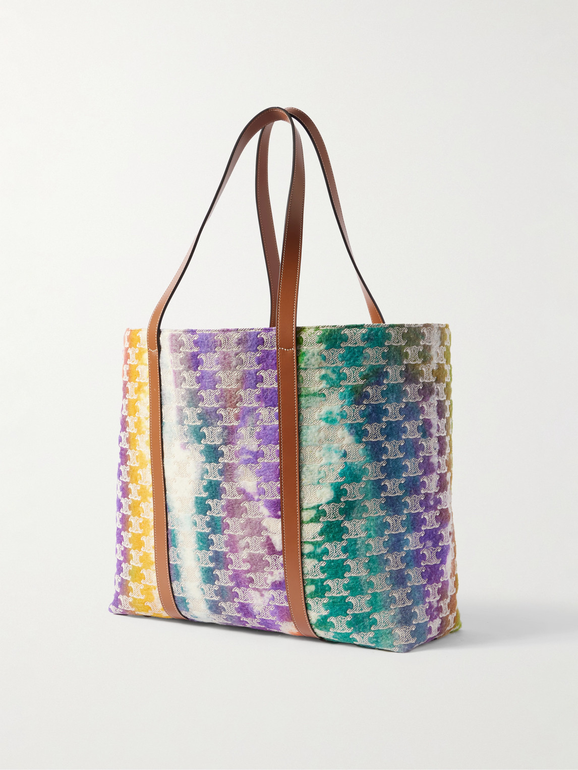 Celine Leather-trimmed Logo-embroidered Wool Tote Bag In Blue