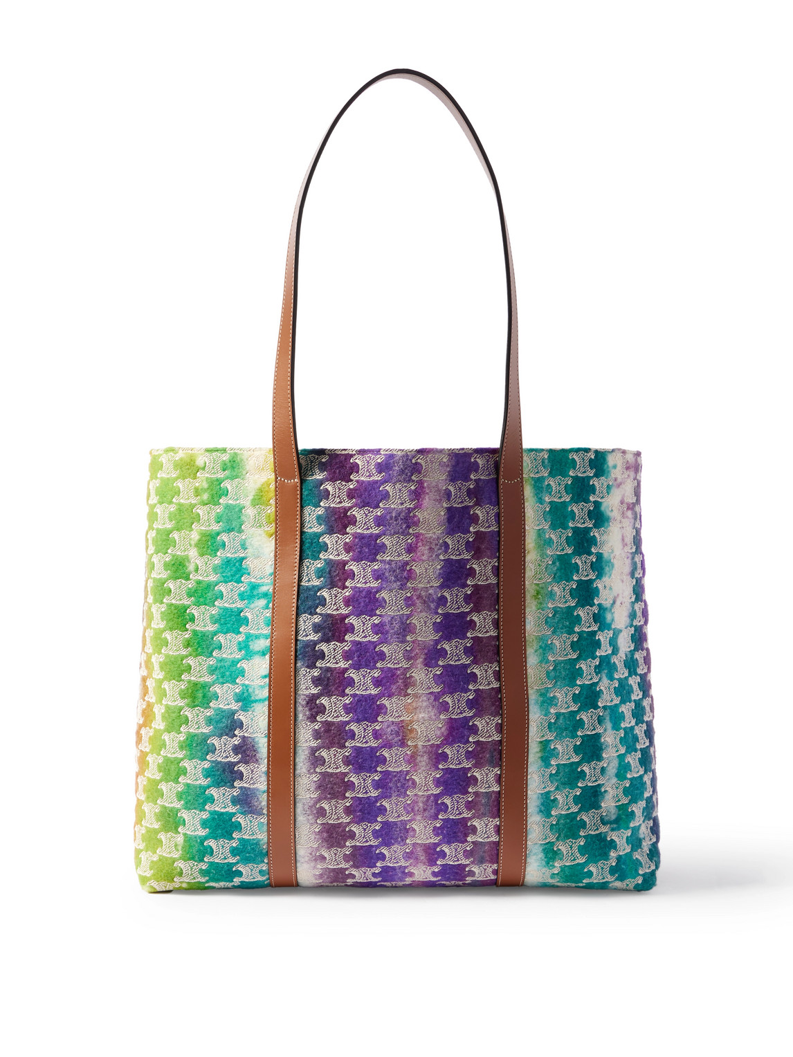 Celine Leather-trimmed Logo-embroidered Wool Tote Bag In Blue