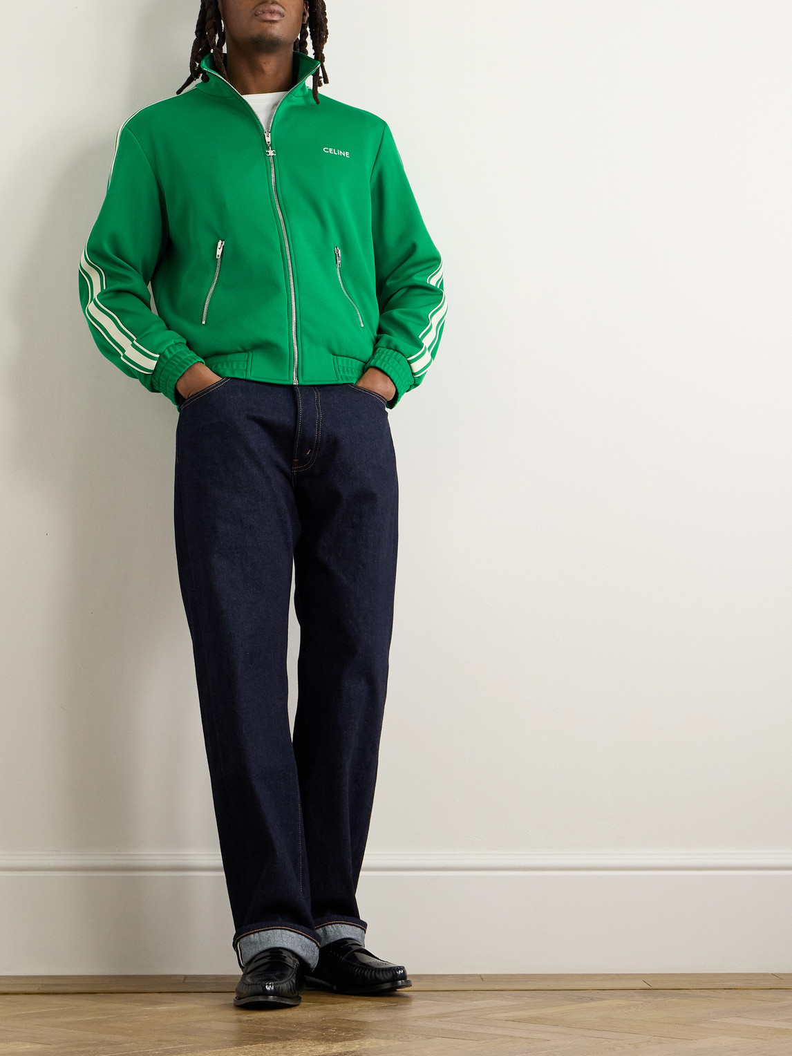Celine Logo-embroidered Striped Tech-jersey Track Jacket In Green