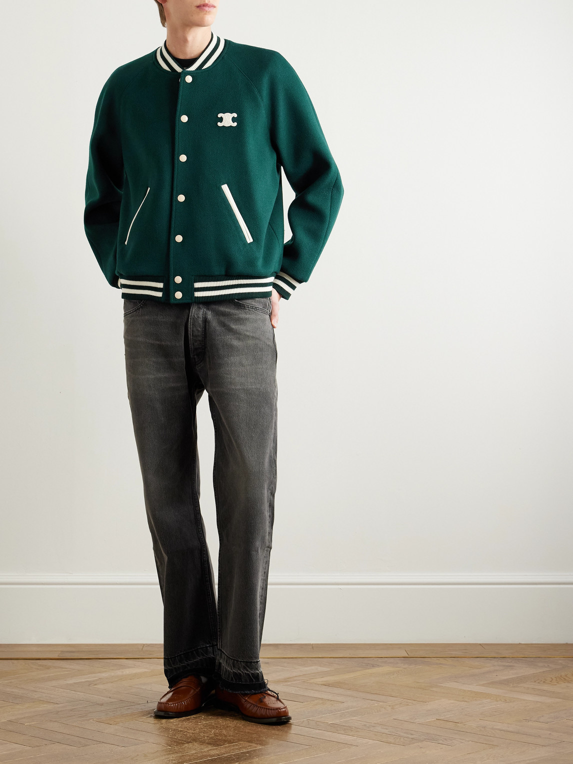 Celine Teddy Triomphe Leather-trimmed Wool-blend Varsity Jacket In Multi