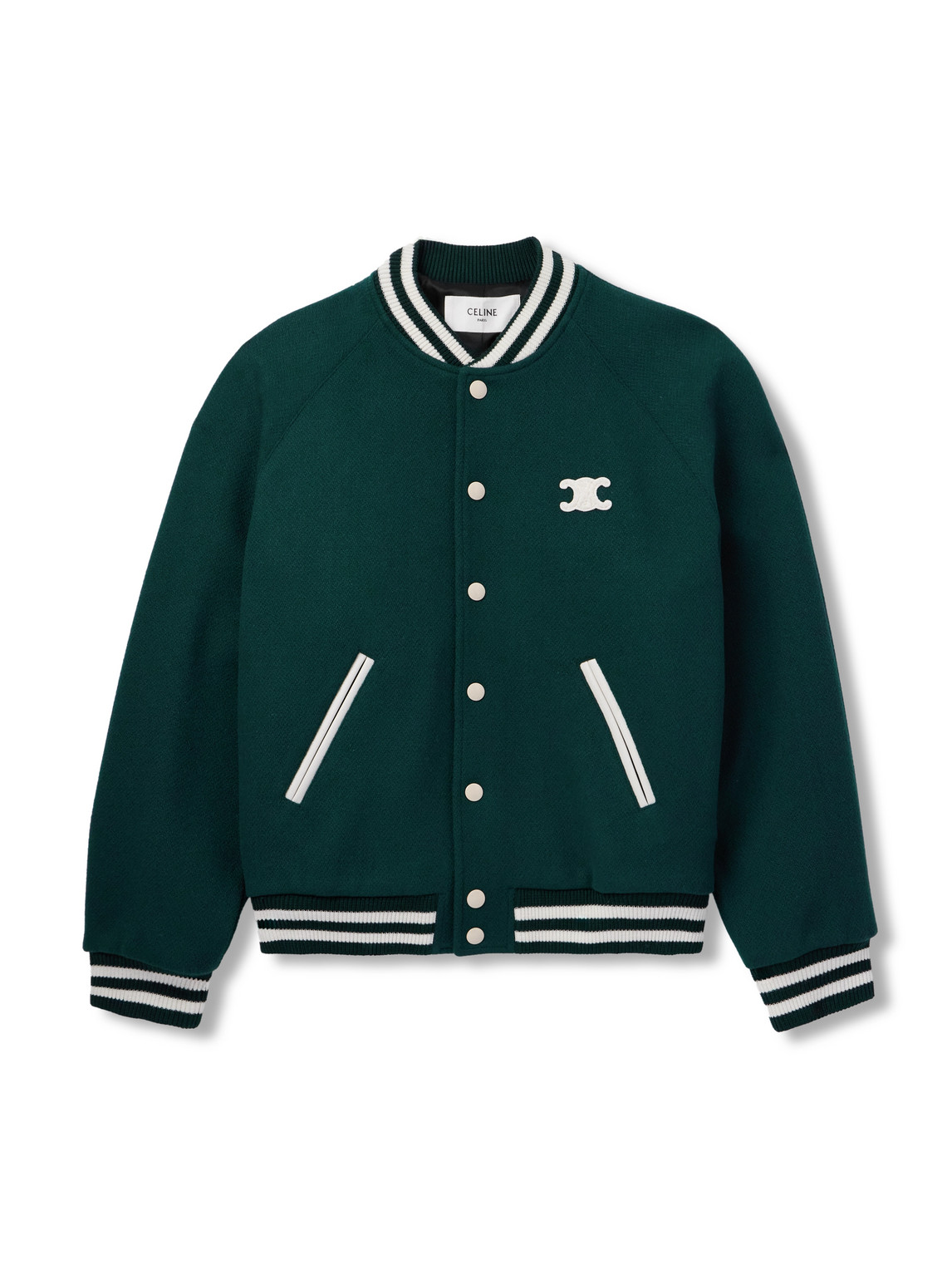 Celine Teddy Triomphe Leather-trimmed Wool-blend Varsity Jacket In Multi