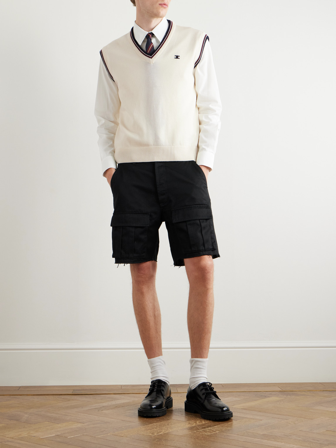 Celine Logo-embroidered Striped Wool Sweater Vest In Neutral