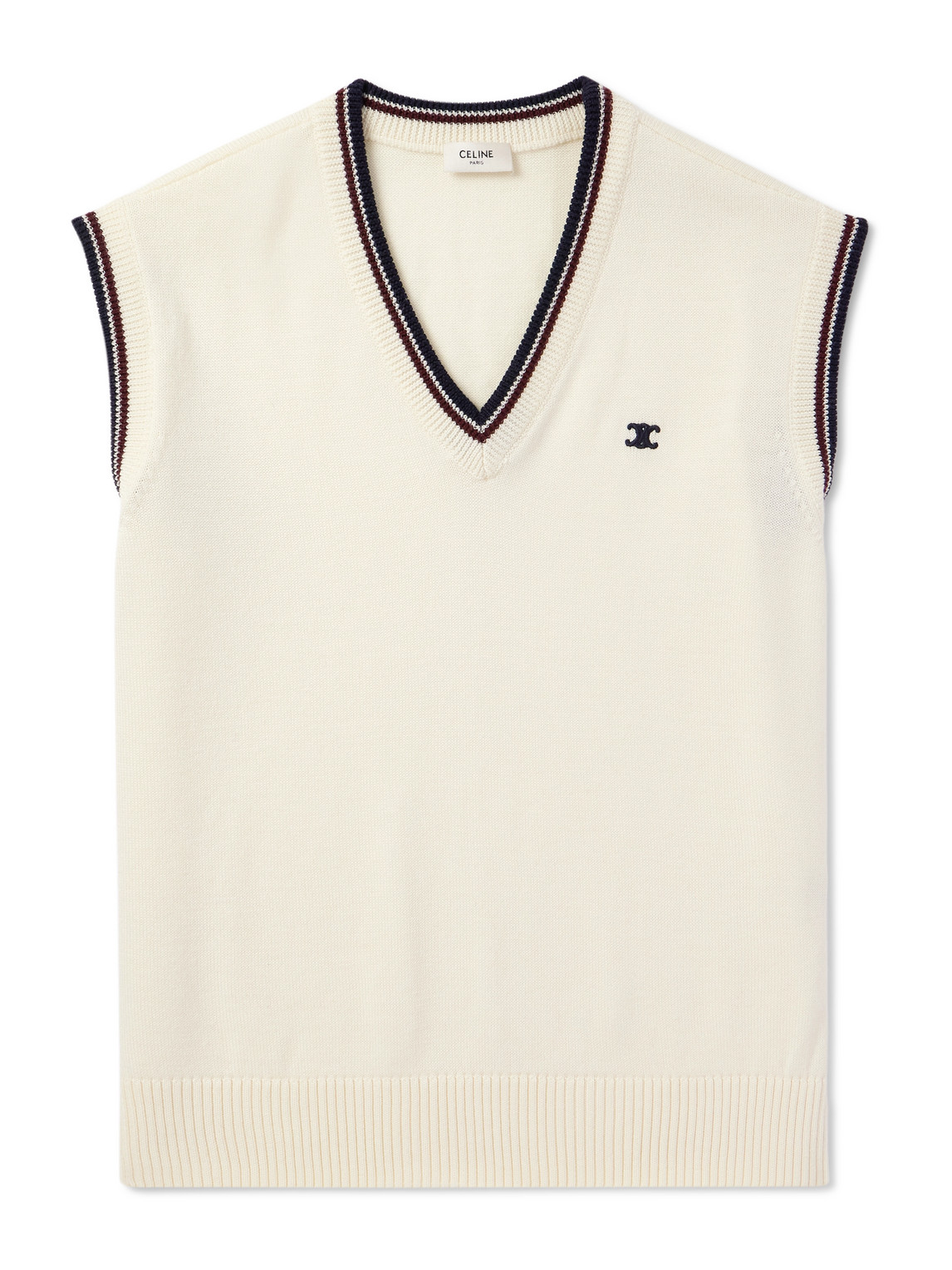 Celine Logo-embroidered Striped Wool Sweater Vest In Neutral