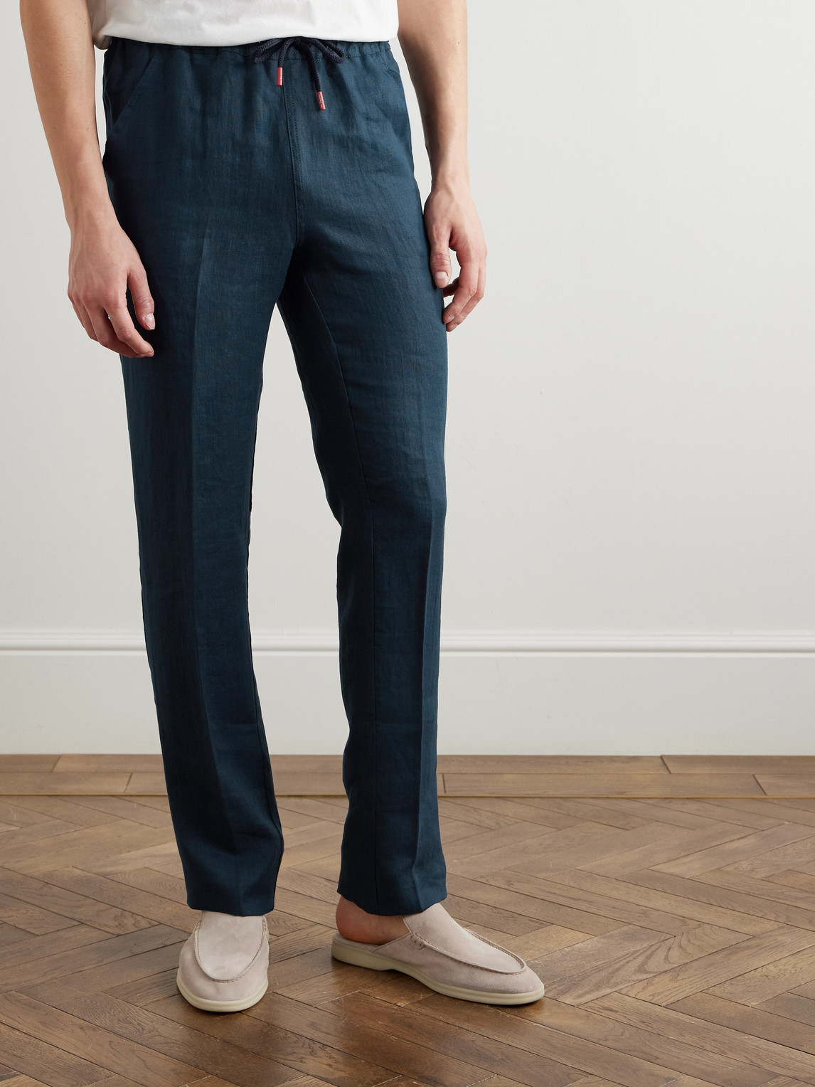 KITON SLIM-FIT STRAIGHT-LEG LINEN DRAWSTRING TROUSERS 