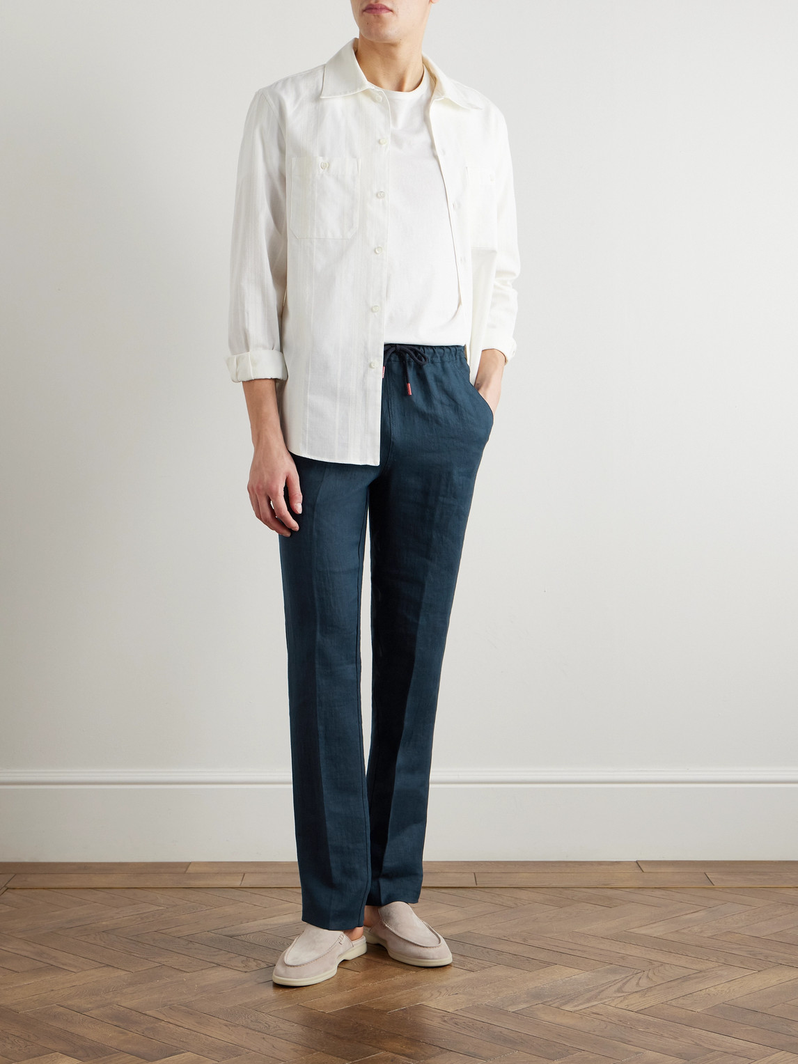 KITON SLIM-FIT STRAIGHT-LEG LINEN DRAWSTRING TROUSERS 