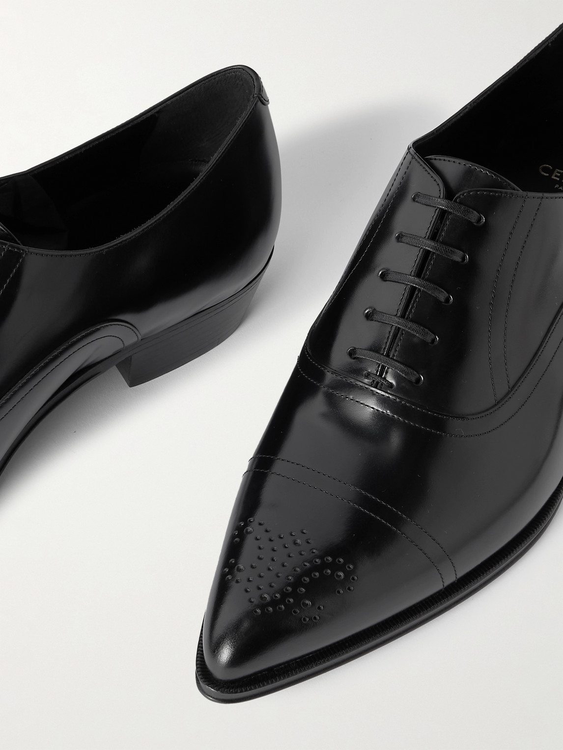 Celine Pointed Toe Lace Shoes With Perforated Detailing In Black