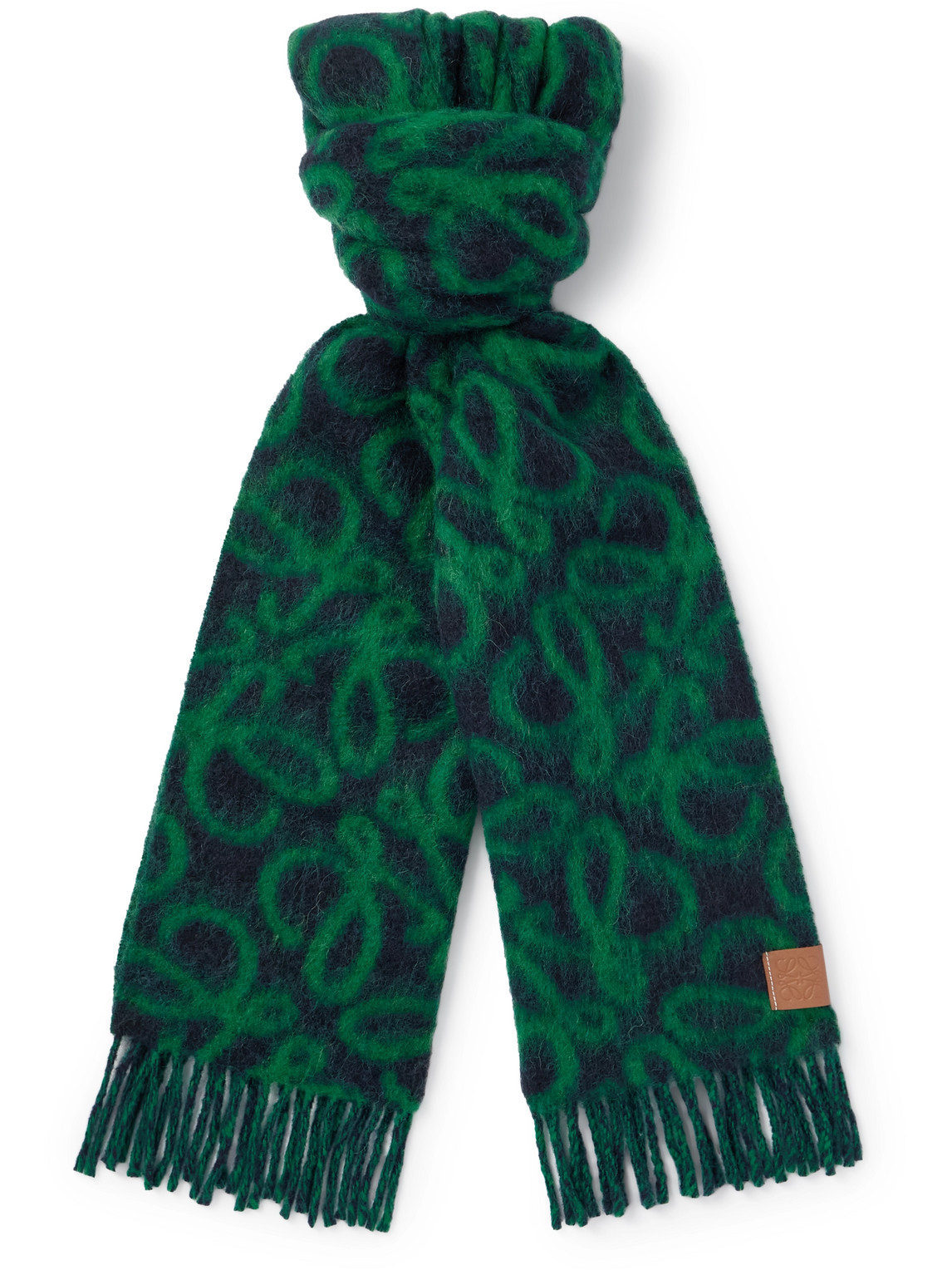 Loewe Anagram Logo-appliquéd Fringed Logo-print Knitted Scarf In Green