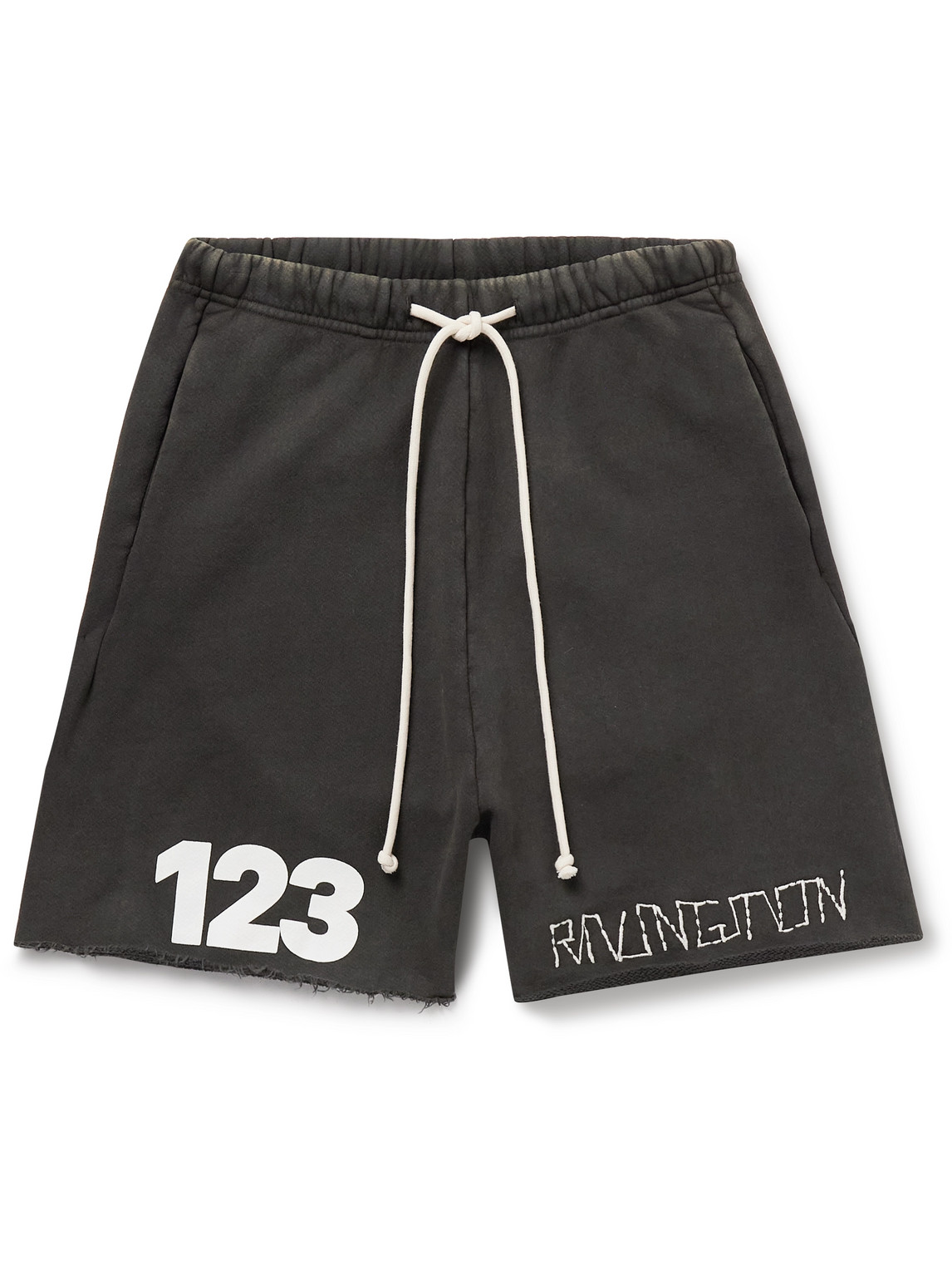 Rrr123 Gymbag Frayed Logo-print Embroidered Cotton-jersey Shorts In Black