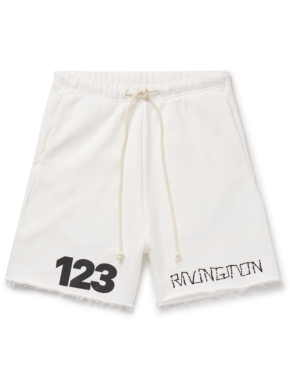 Rrr123 Gymbag Frayed Logo-print Embroidered Cotton-jersey Shorts In White