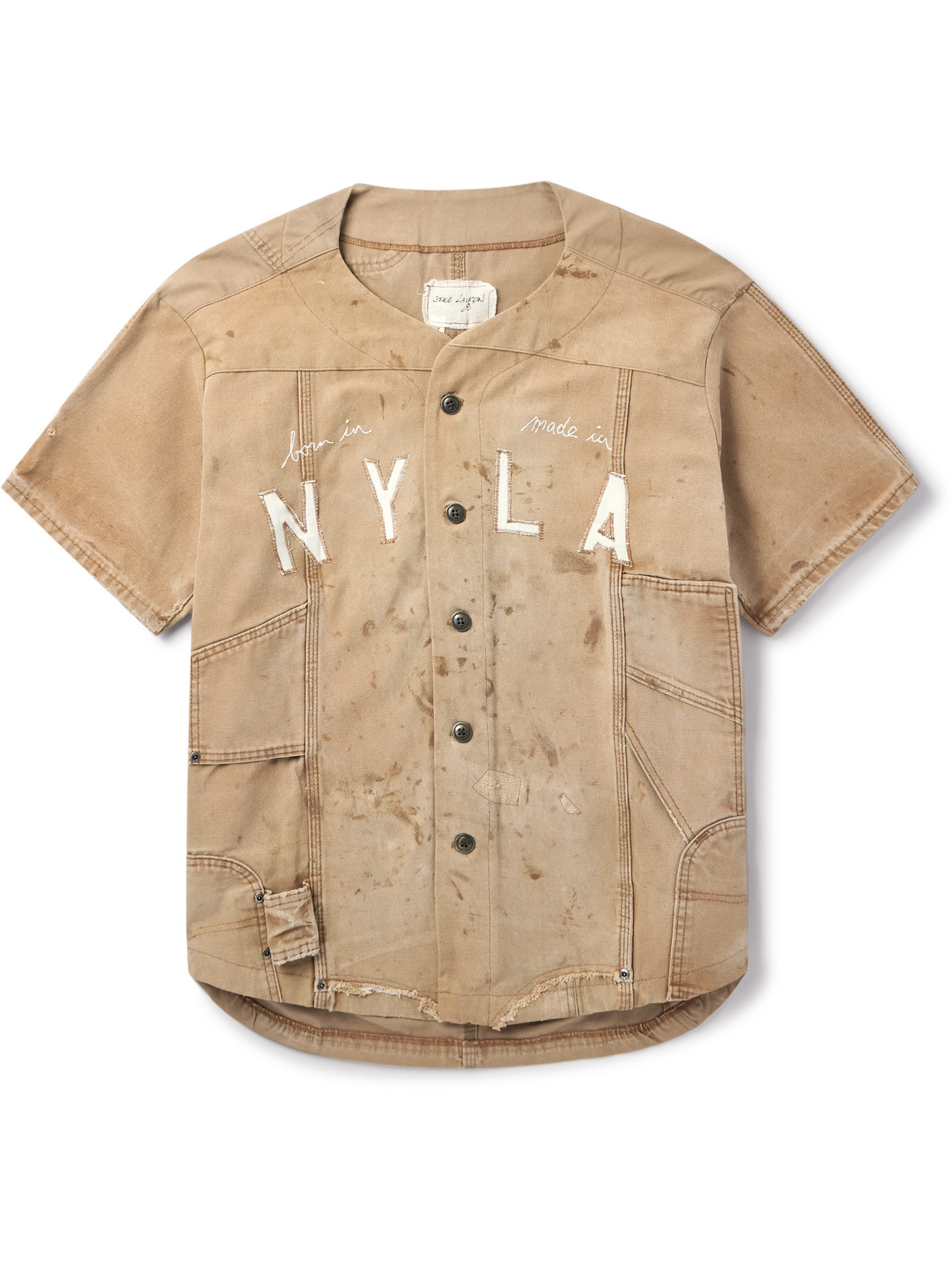 Frayed Appliquéd Embroidered Distressed Cotton-Canvas Shirt