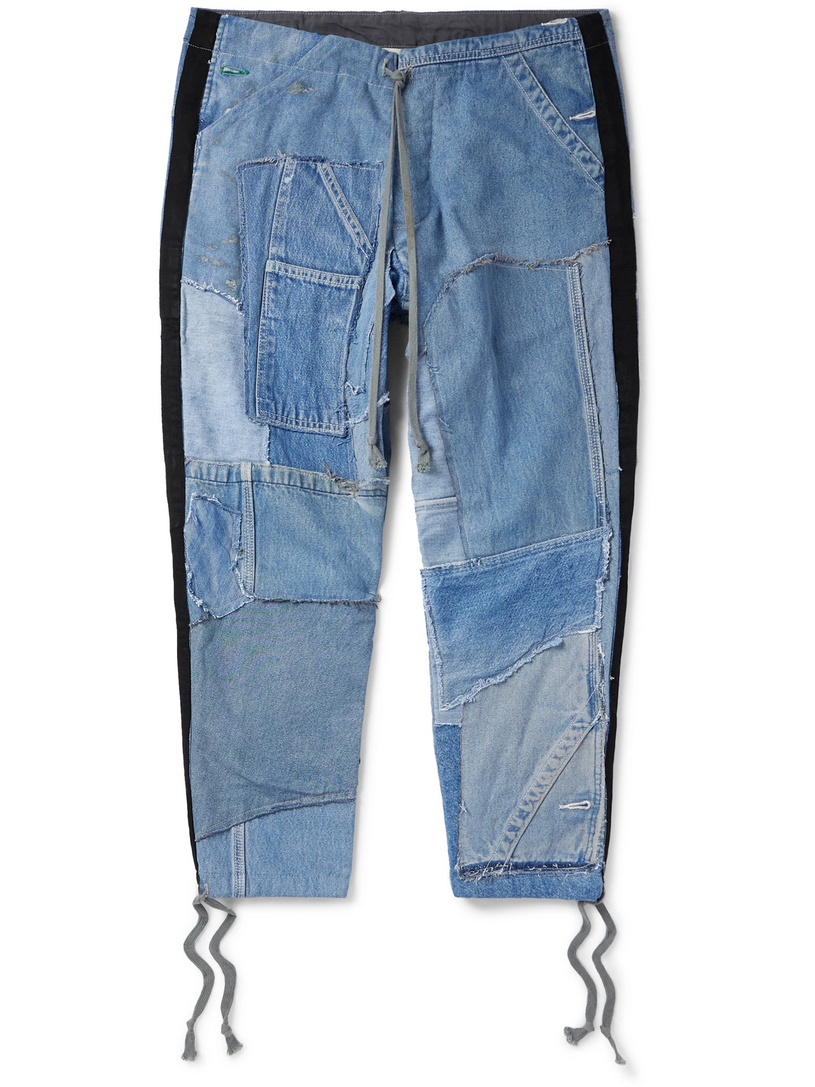 Tapered Cropped Frayed Patchwork Drawstring Jeans