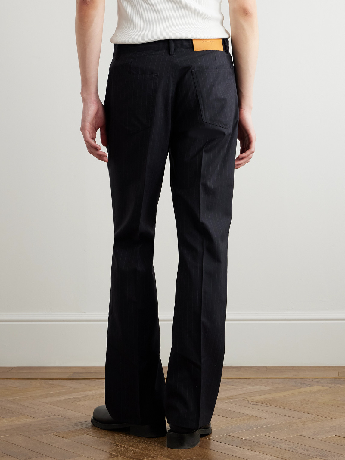 SECOND / LAYER FLARED PINSTRIPED WOOL TROUSERS