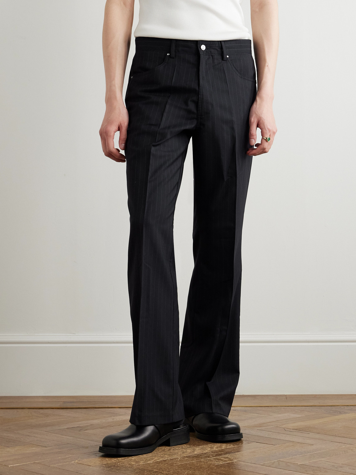 SECOND / LAYER FLARED PINSTRIPED WOOL TROUSERS