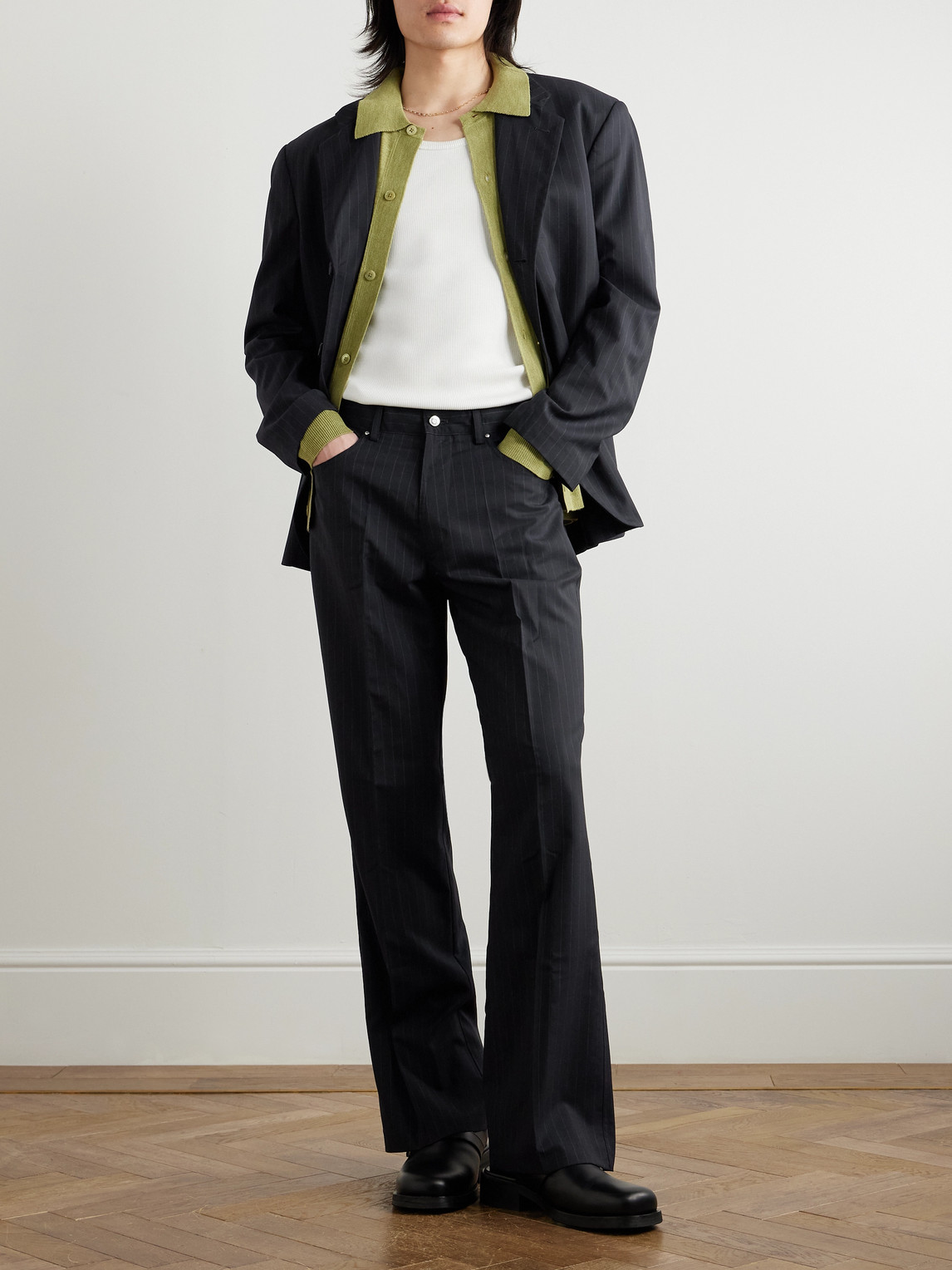 SECOND / LAYER FLARED PINSTRIPED WOOL TROUSERS