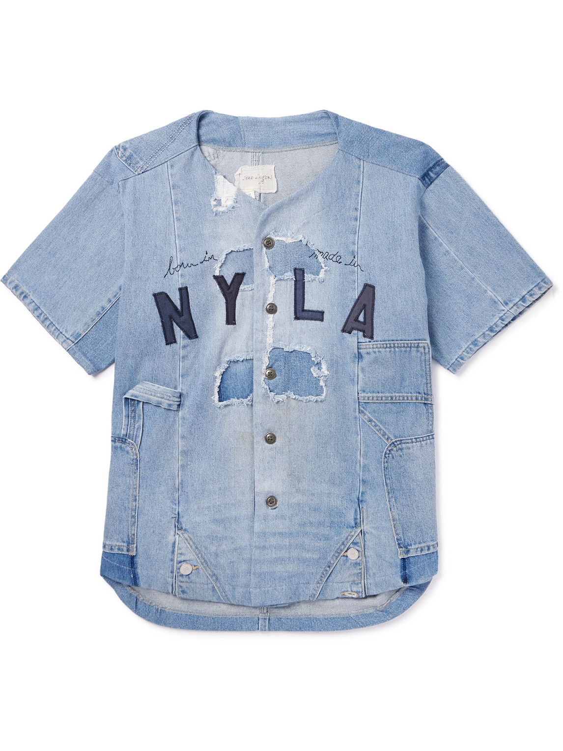 Frayed Appliquéd Embroidered Distressed Denim Shirt