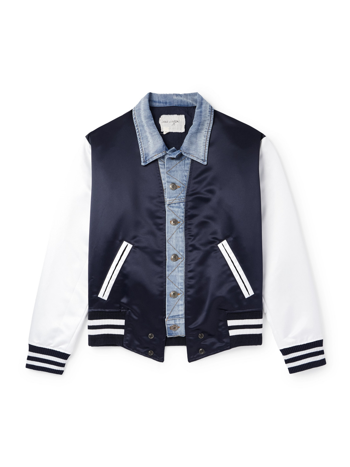 Slim-Fit Denim-Trimmed Satin Varsity Jacket