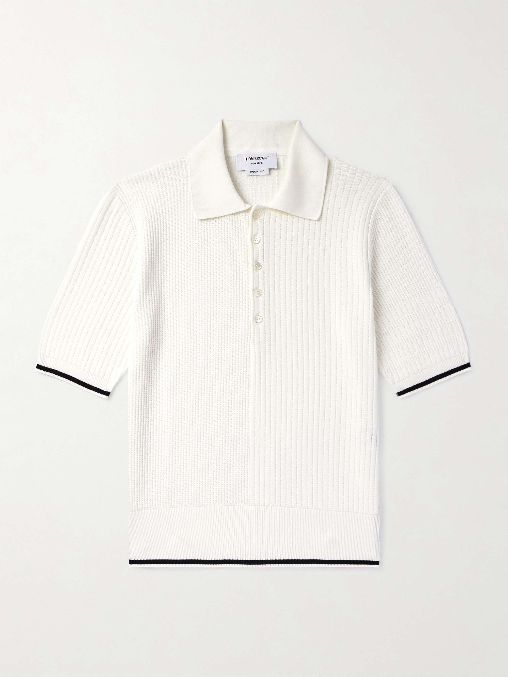 THOM BROWNE テクスチャードコットン ポロシャツ ストライプ入り THOM BROWNE テクスチャードコットン ポロシャツ ストライプ入り
