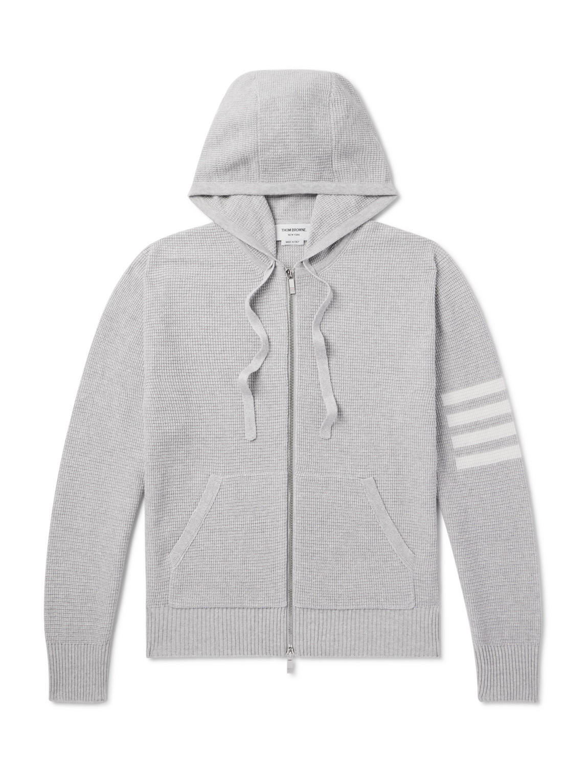 Thom Browne Intarsia-knit Striped Textured Linen And Cotton-blend Zip-up Hoodie In Grey
