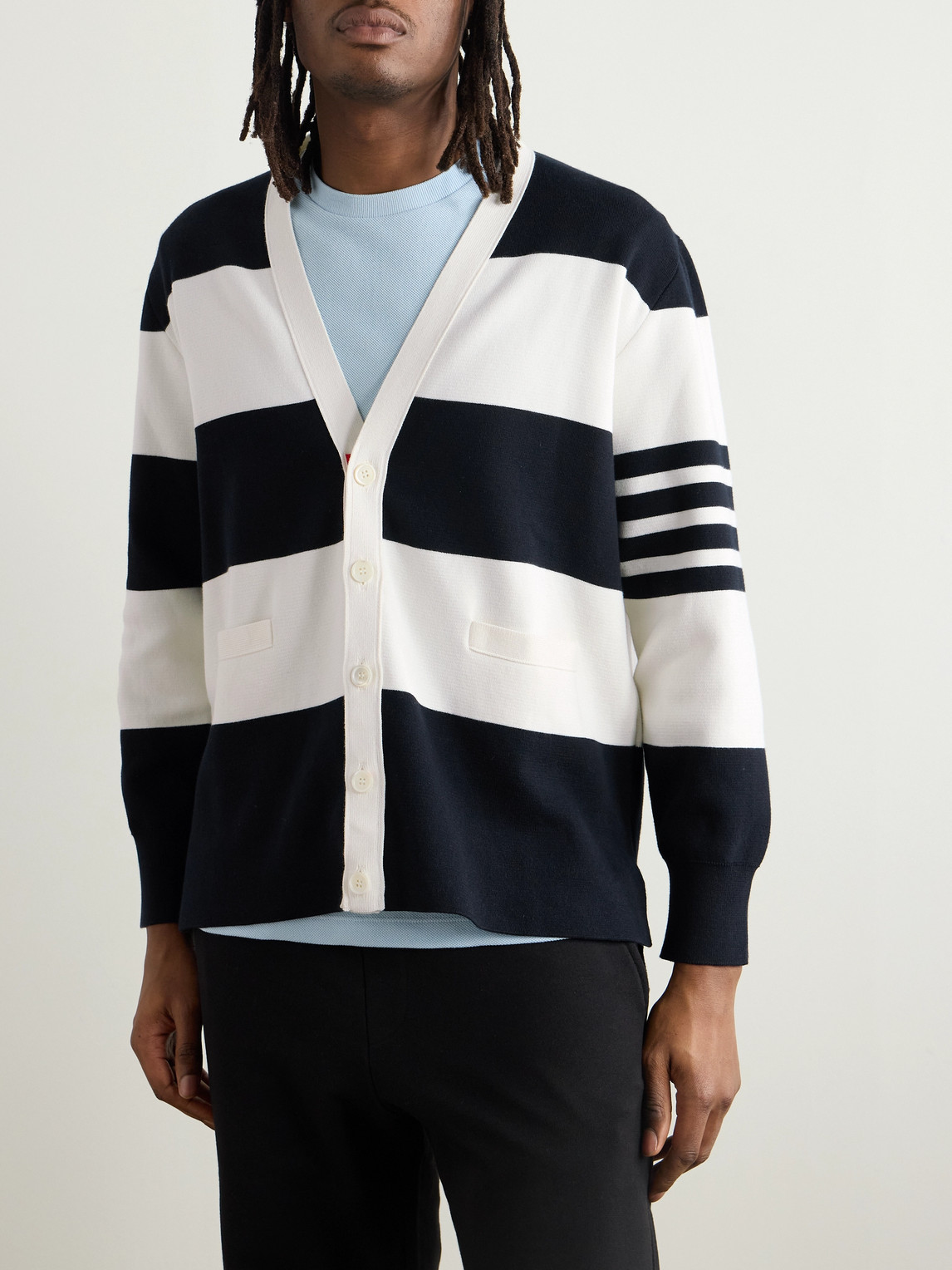 Shop Thom Browne Striped Cotton Cardigan In Blue