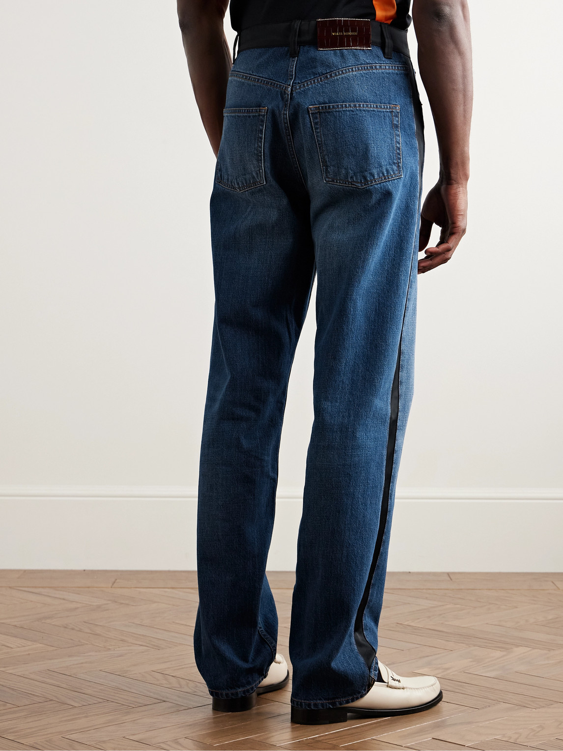 Shop Wales Bonner Echo Straight-leg Satin-trimmed Jeans In Blue
