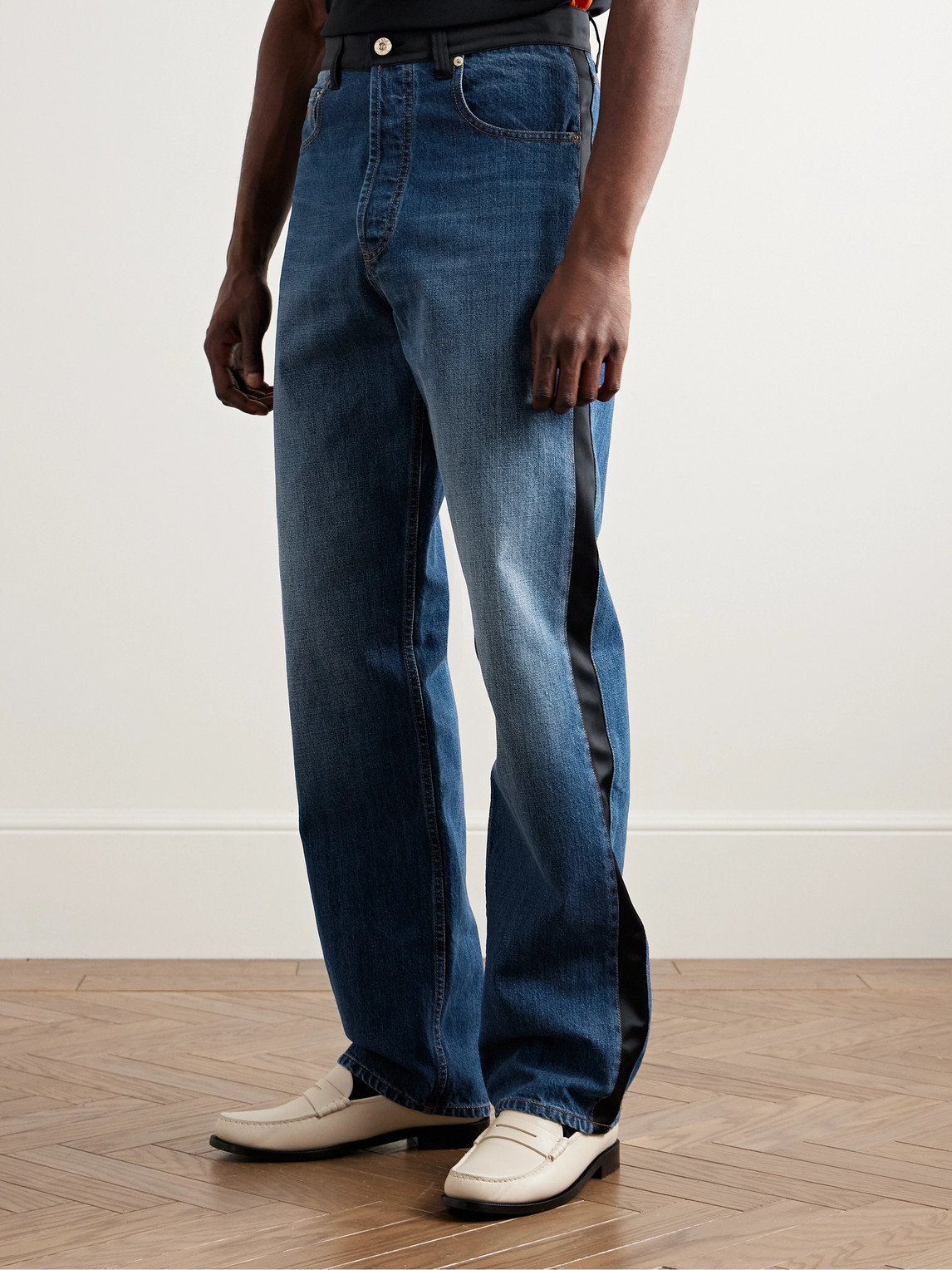 Shop Wales Bonner Echo Straight-leg Satin-trimmed Jeans In Blue