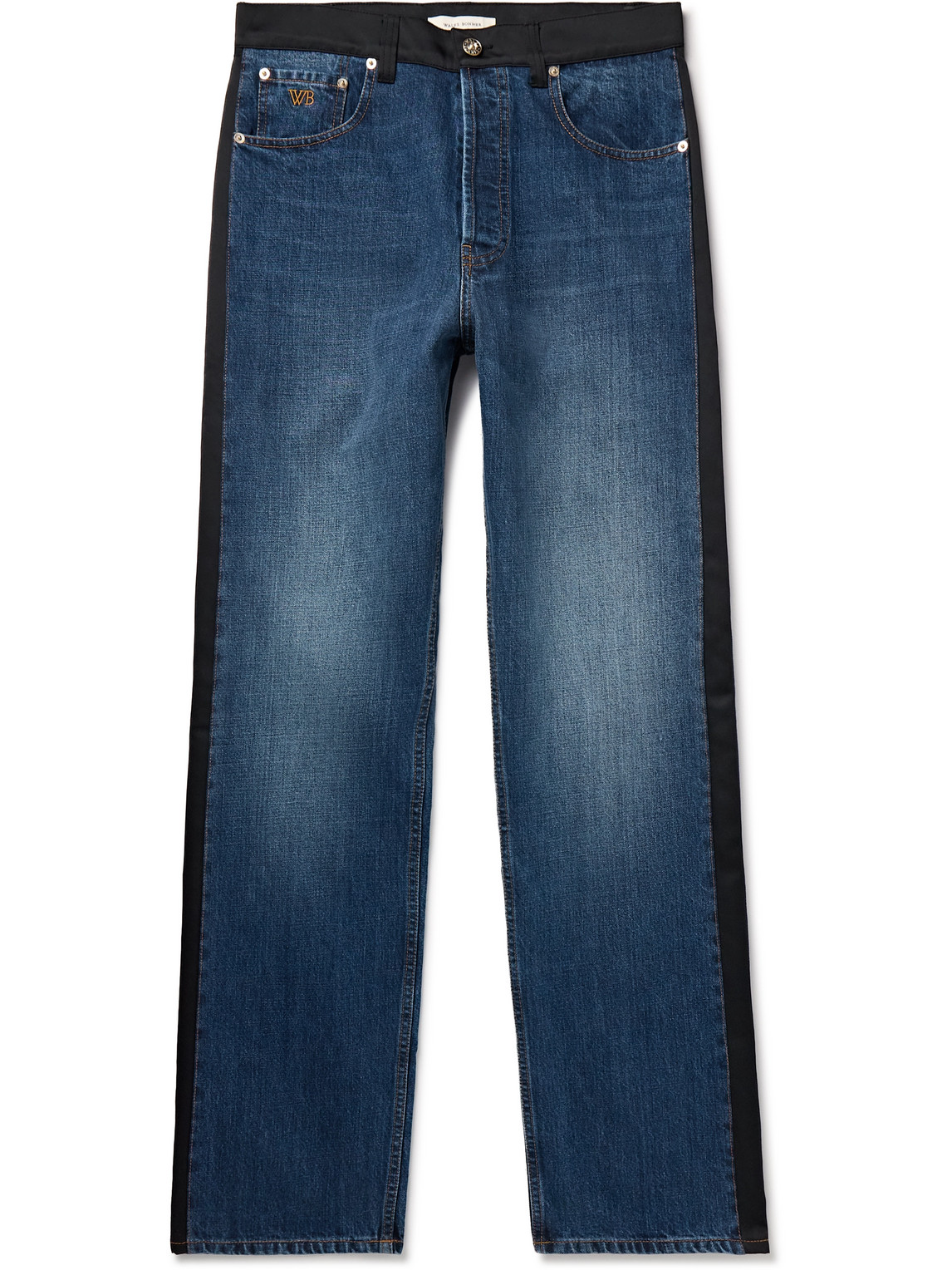 Shop Wales Bonner Echo Straight-leg Satin-trimmed Jeans In Blue