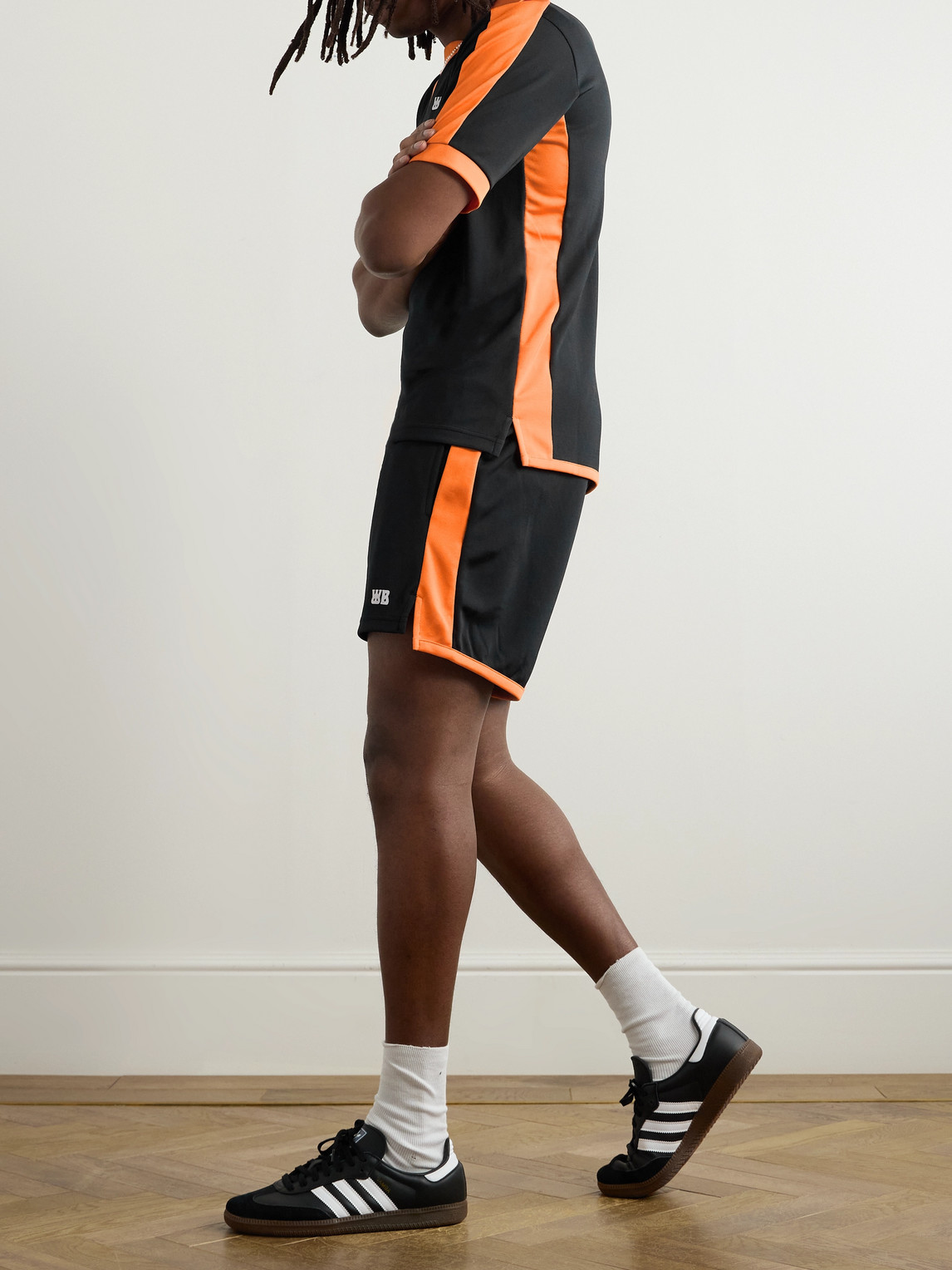 Shop Wales Bonner Straight-leg Logo-appliquéd Two-tone Tech-jersey Shorts In Black