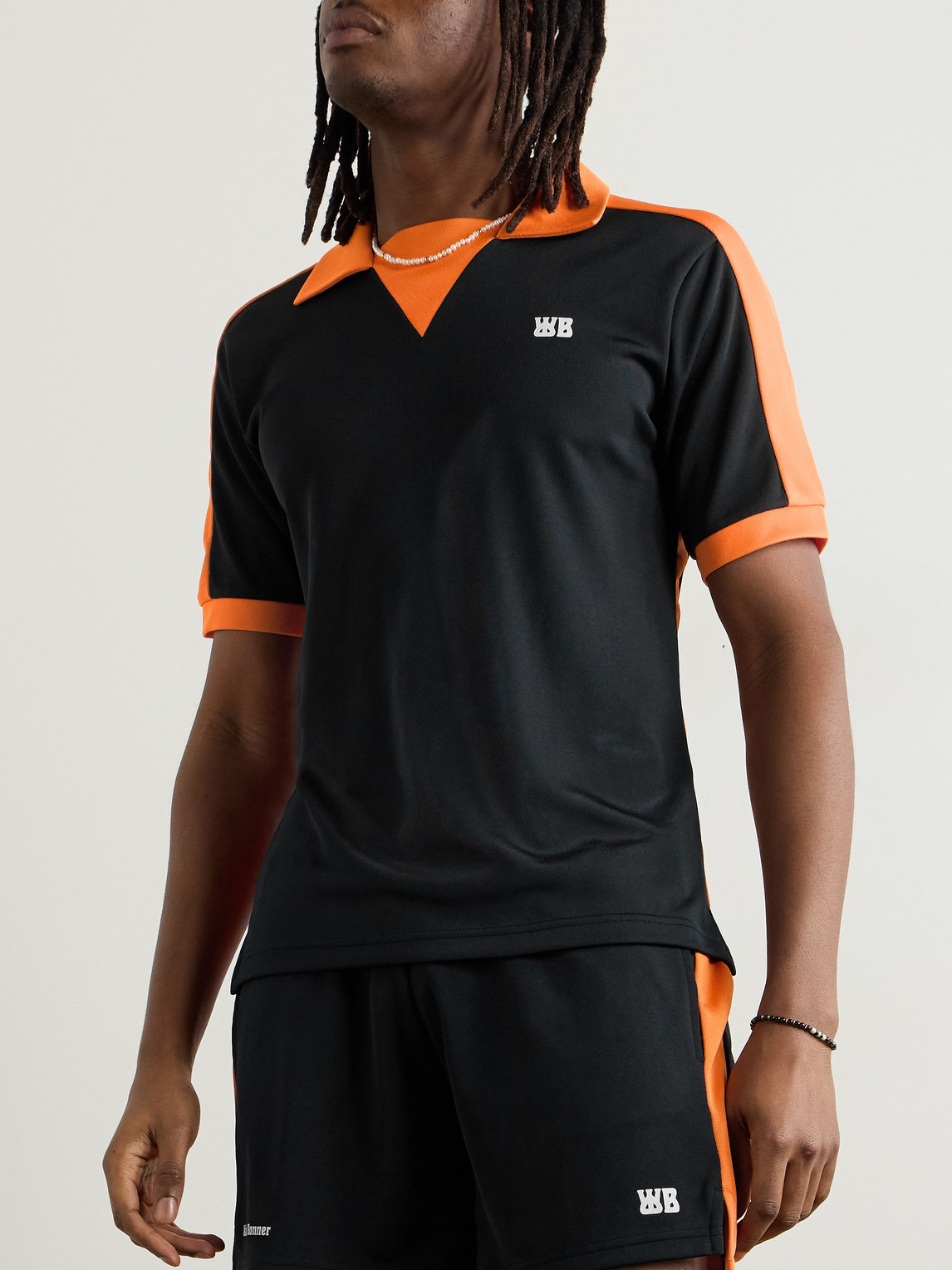 Shop Wales Bonner Slim-fit Logo-appliquéd Two-tone Tech-jersey Polo Shirt In Black