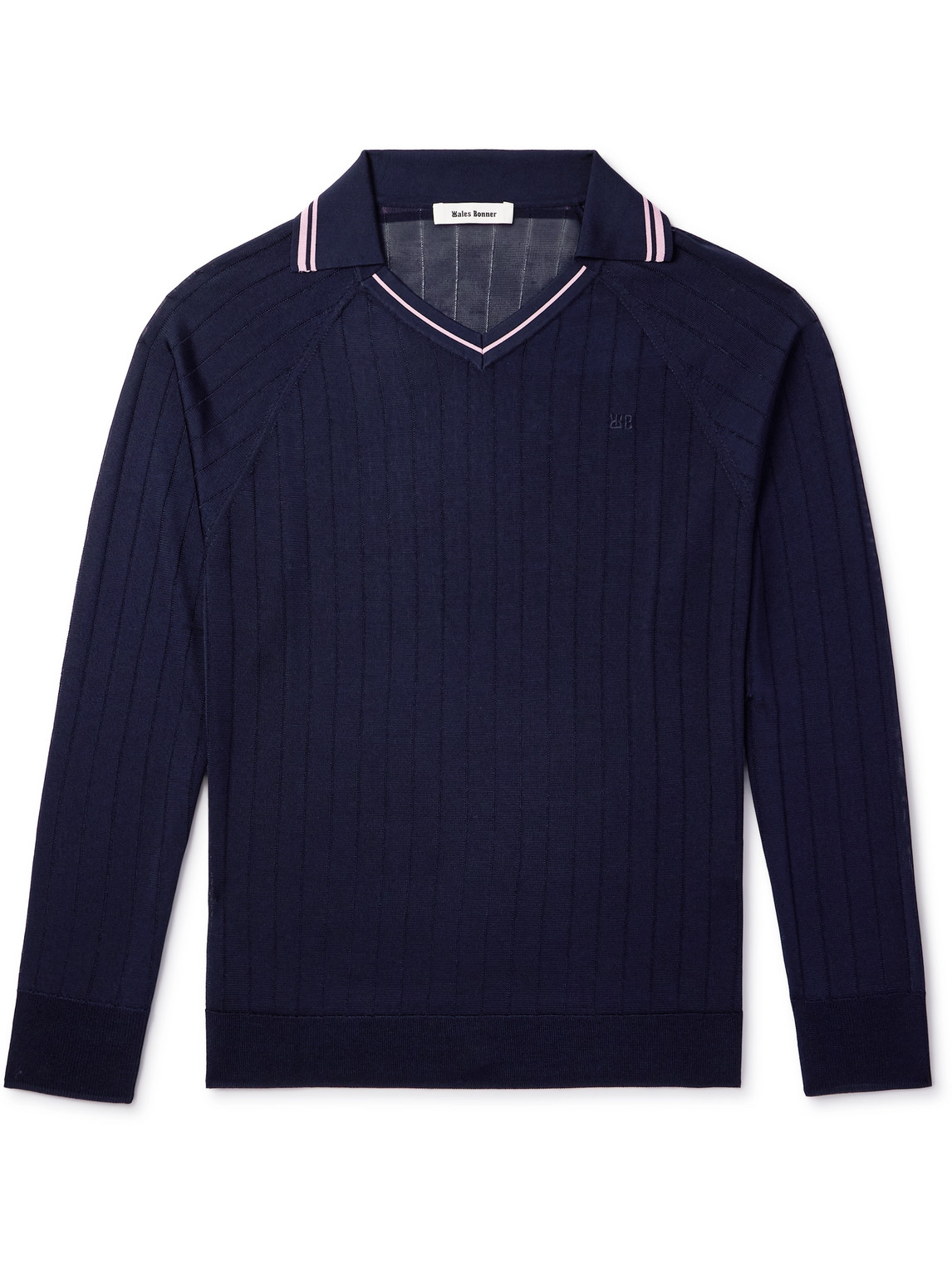 Wales Bonner Logo-embroidered Striped Ribbed-knit Polo Shirt In Blue