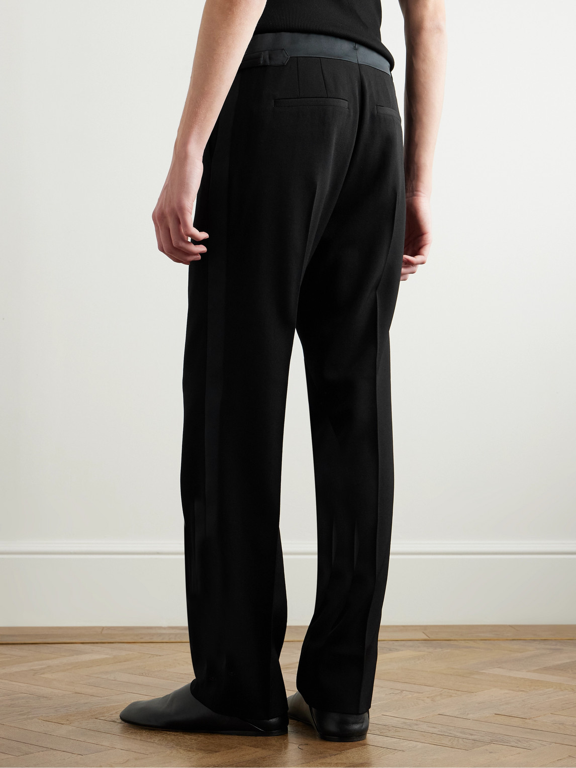Shop Wales Bonner Straight-leg Satin-trimmed Grain De Poudre Wool Trousers In Black