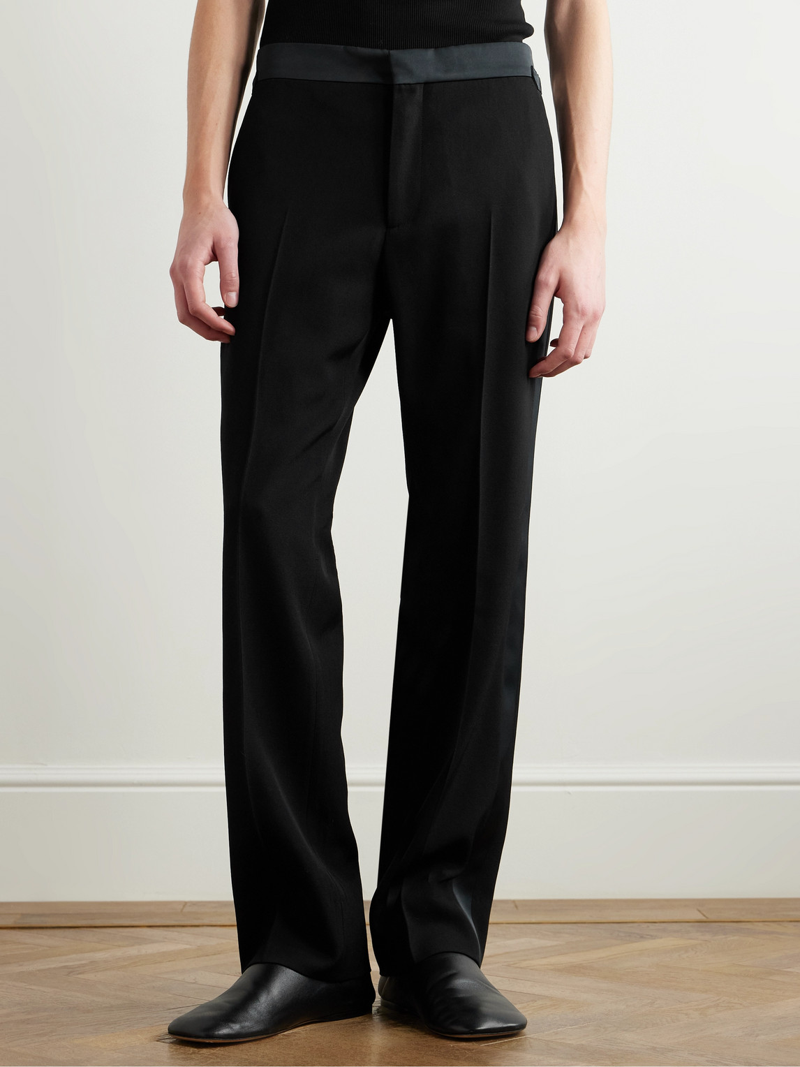 WALES BONNER STRAIGHT-LEG SATIN-TRIMMED GRAIN DE POUDRE WOOL TROUSERS