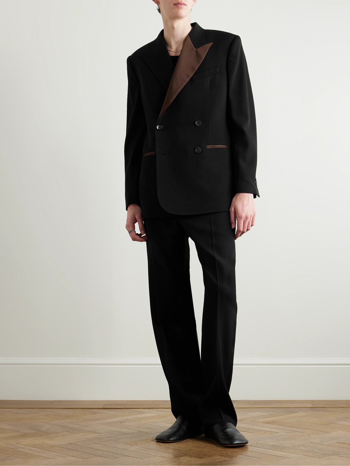 WALES BONNER STRAIGHT-LEG SATIN-TRIMMED GRAIN DE POUDRE WOOL TROUSERS