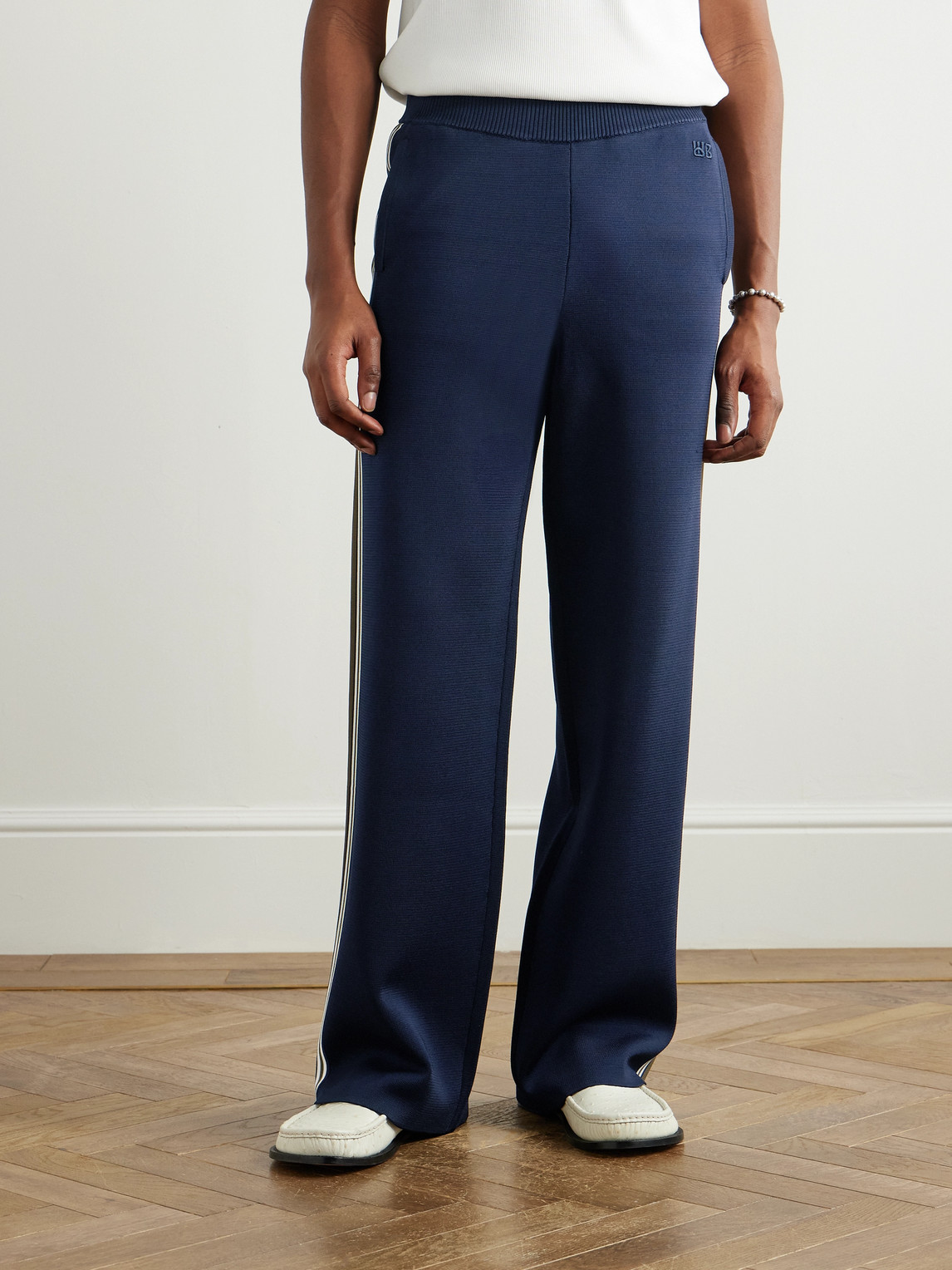 Shop Wales Bonner Straight-leg Striped Knitted Track Pants In Blue